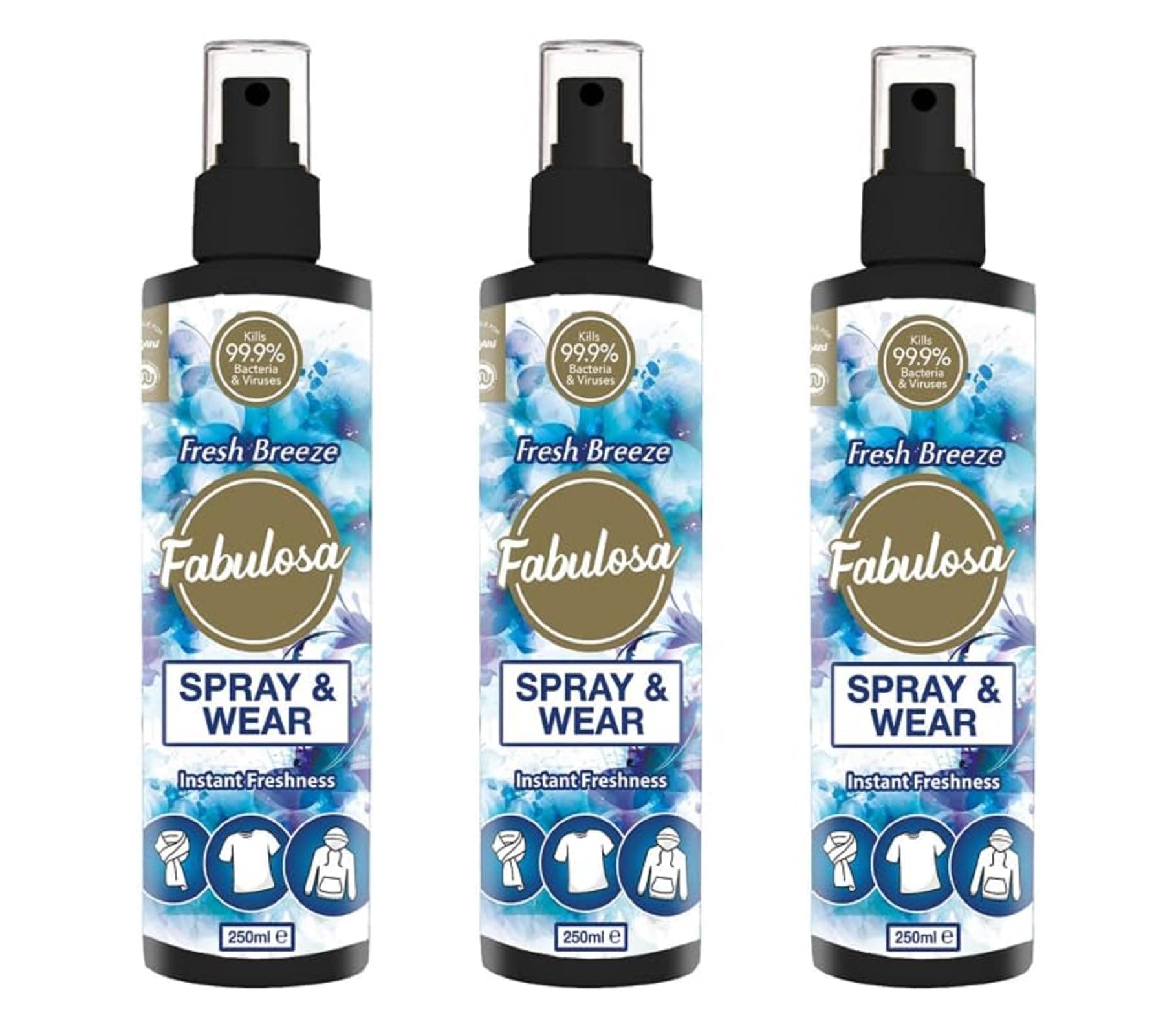 Fabulosa, Antibacterial Spray and Wear Dry Washing Fabric Clothes Freshener Spray Pack, Blue, 250ml, Fresh Breeze (Pack of 3)