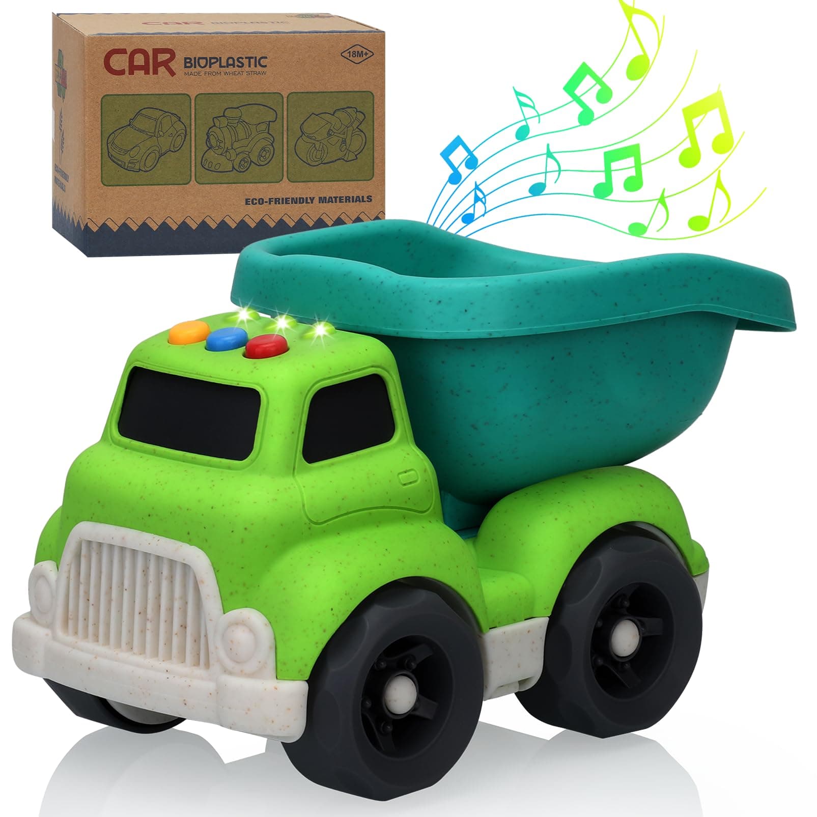 Toddler Toys Cars for 1 2 3 4 Year Old Boy, Wheat Straw Dump Truck Toys with Lights and Sounds, No BPA, Phthalates, PVC Outdoor Construction Toys for Toddlers 1-3, Xmas Birthday Easter Gifts for Kids