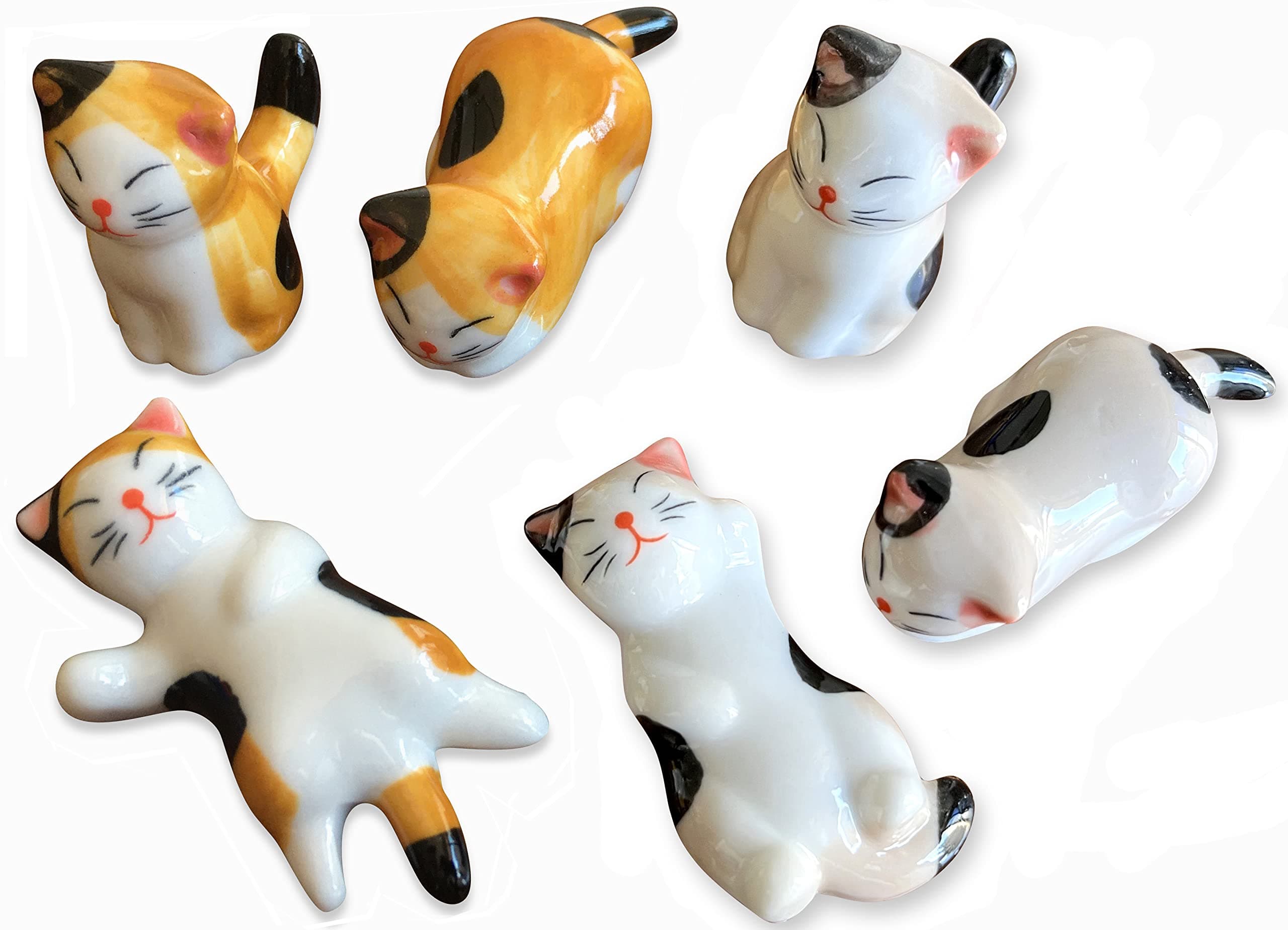Ceramic Cute Cat Chopsticks Rest Dinner Spoon Stand Knife Fork Holder (Set of 6PCS)
