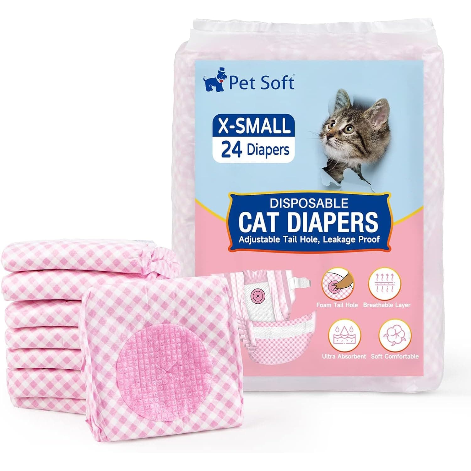Pet Soft Disposable Cat Diapers - Diapers for Female & Male Cats, Puppy Doggie Diapers for Female Dogs with Adjustable Foam Tail Hole, 24pcs XSmall