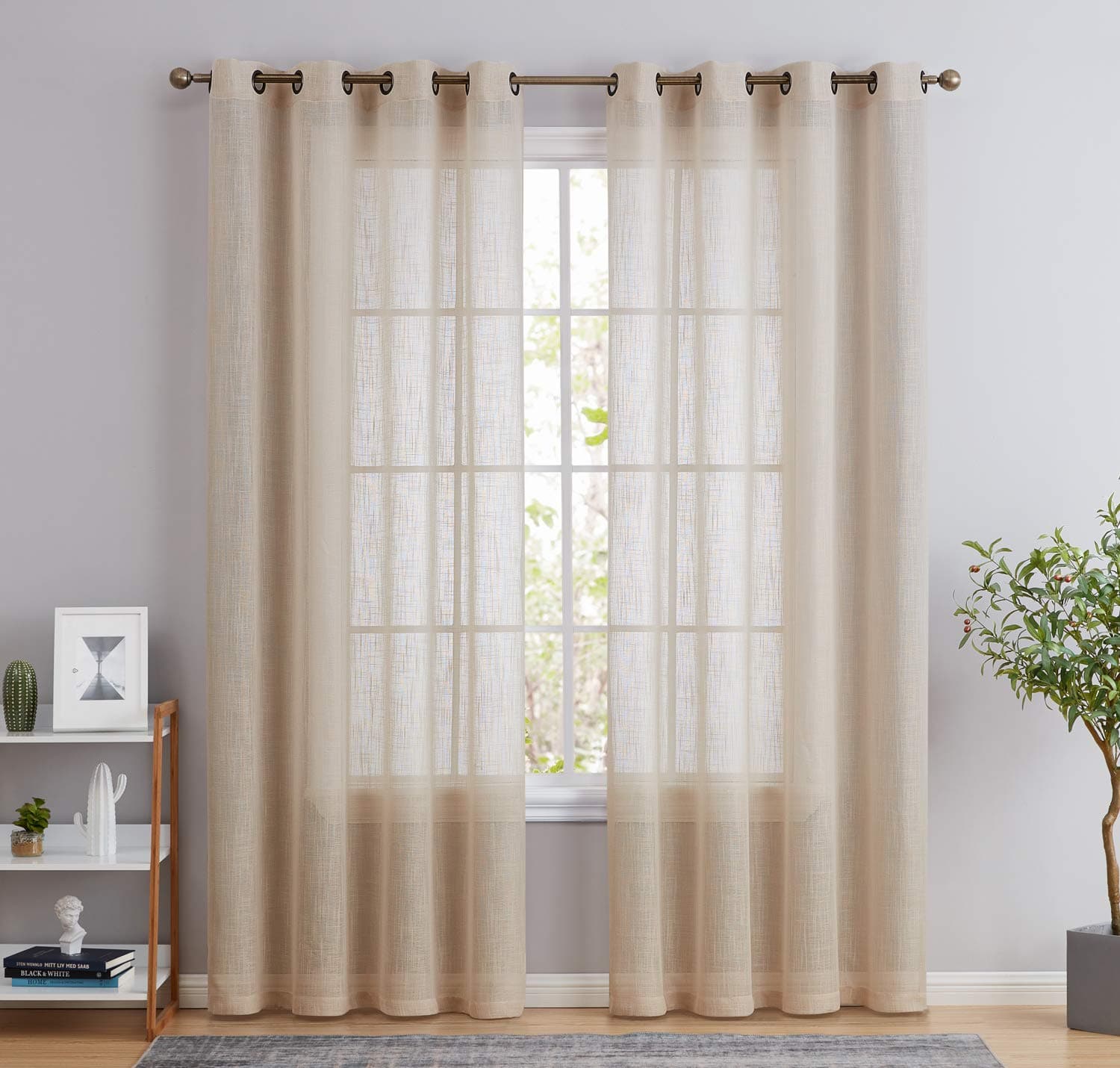 HLC.ME Abbey Faux Linen Textured Semi Sheer Privacy Sun Light Filtering Transparent Window Grommet Long Thick Curtains Drapery Panels for Bedroom & Living Room, 2 Panels (54 W x 108 L, Beige)