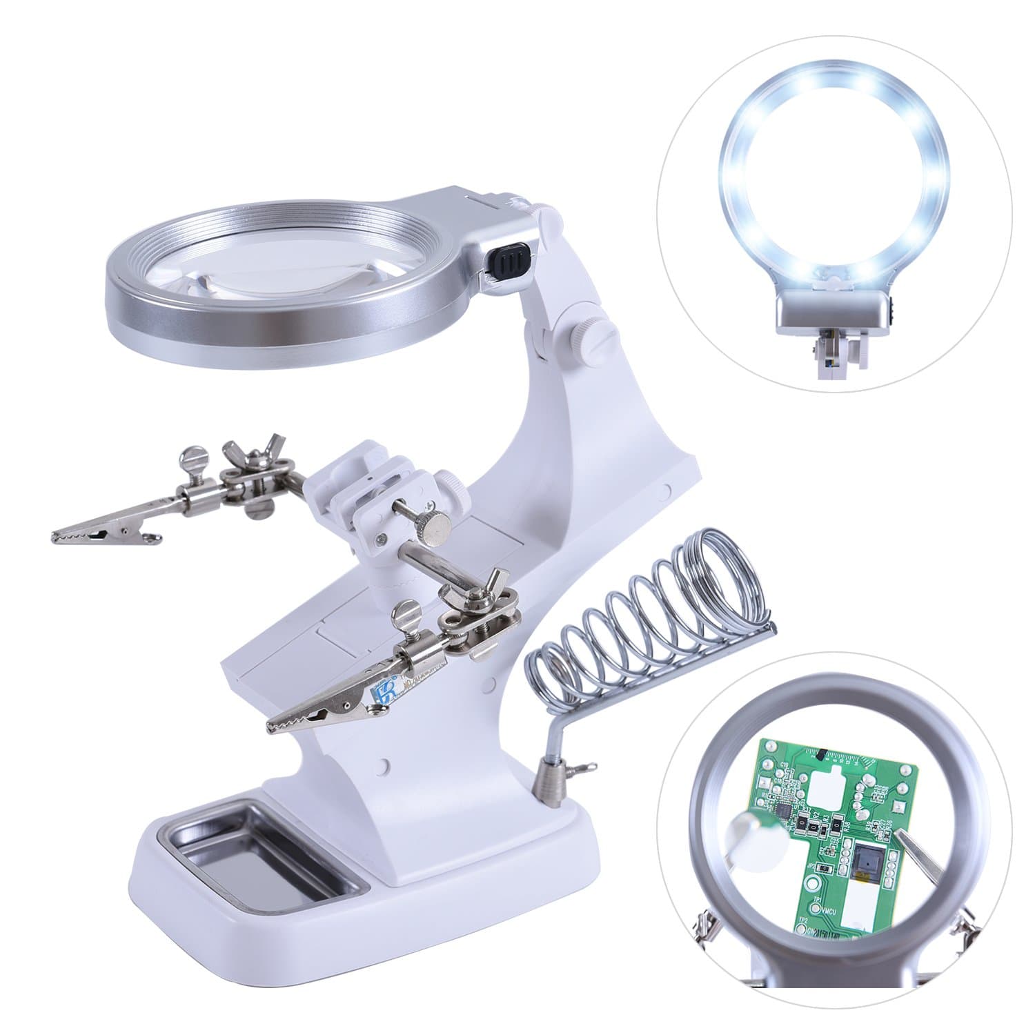 Magnifier Station with LED Light, SoMarkt 3X 4.5X Magnifying Glass with 10 LED Light Multifunctional Helping Hand Magnifier Station For Soldering Assembly Repair Modeling and Hobby, White