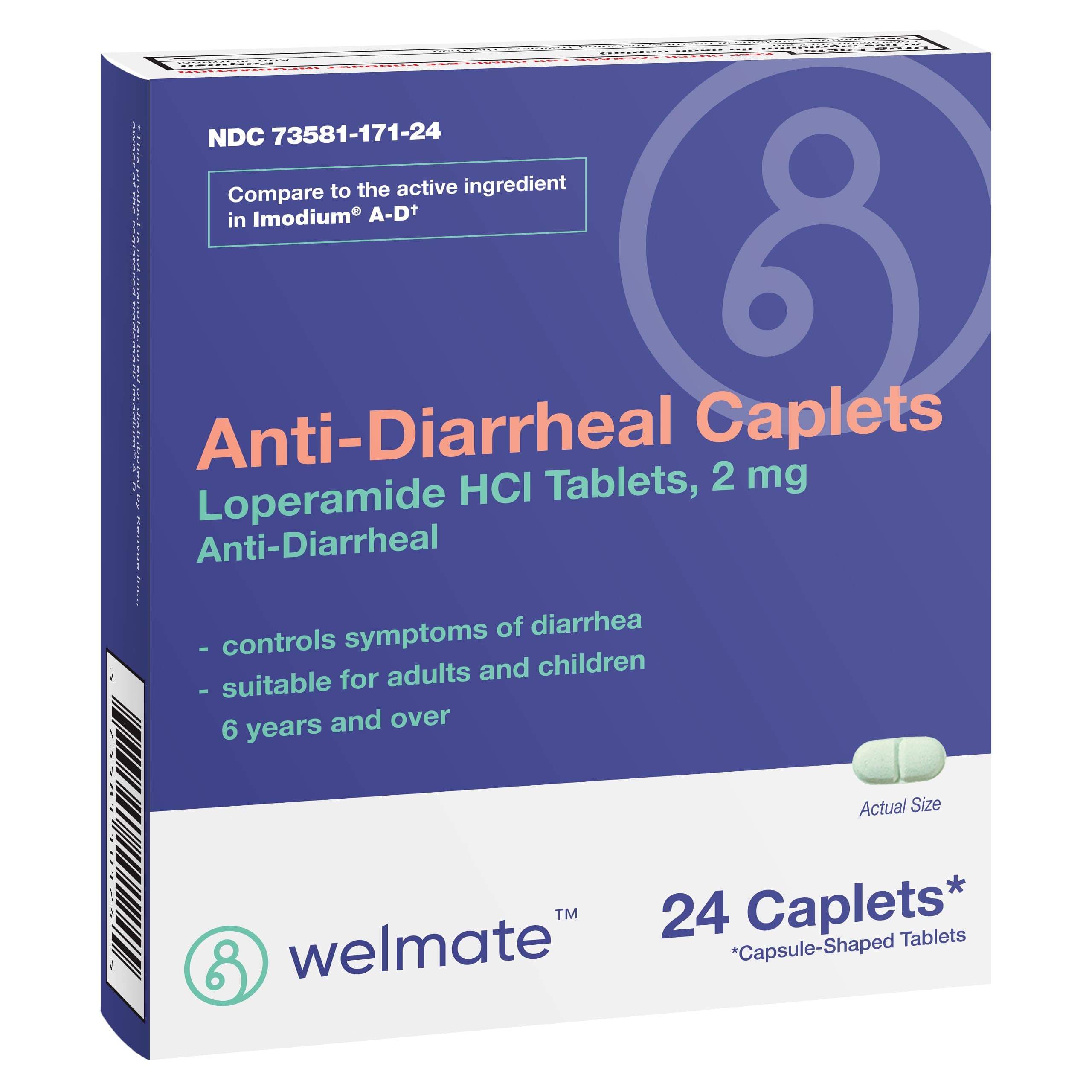 WELMATE - Anti-Diarrheal Caplets (24 Caplets) - Loperamide HCL 2 mg - Diarrhea Symptom Relief - Upset Stomach Reliever - Anti Diarrhea Pills - Over-The-Counter Medication