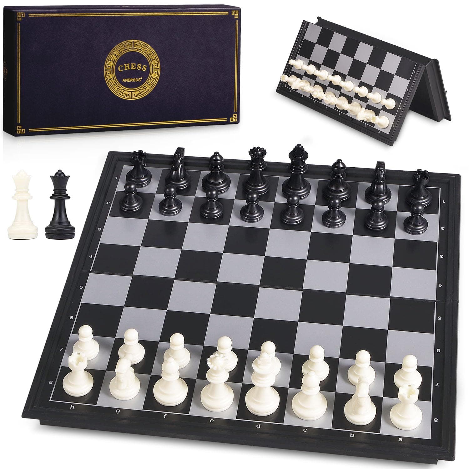 25cm Magnetic Travel Chess Set with Folding Chess Board - 2 Extra Queens - Storage Bag for Pieces - Instructions for Beginner, Kids and Adults