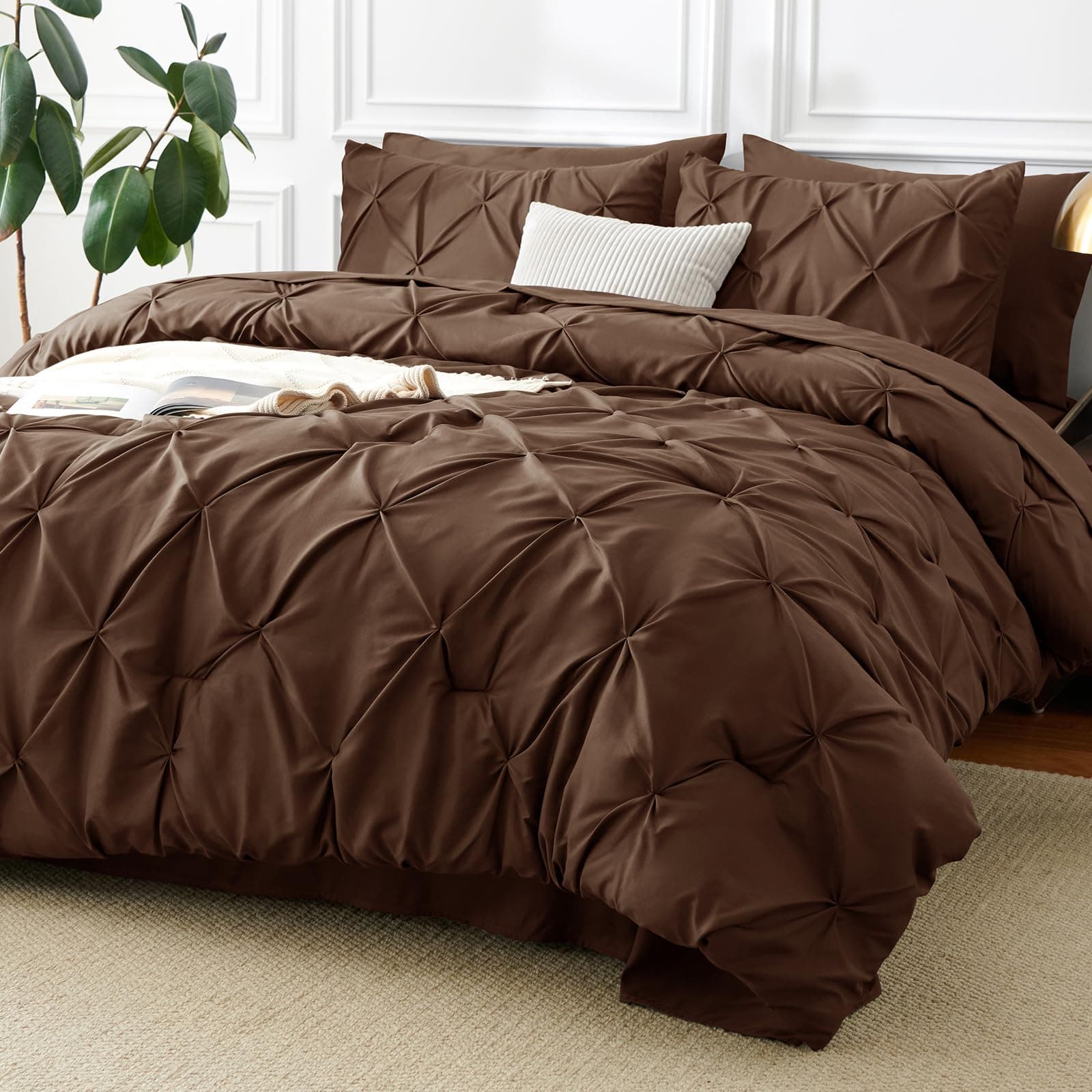 King Size Comforter Set Brown, 7 Pieces Pintuck Bed in A Bag Brown Comforter King Size, Pinch Pleat Bedding Set with All Season Comforter, Sheets, Pillowcases & Shams