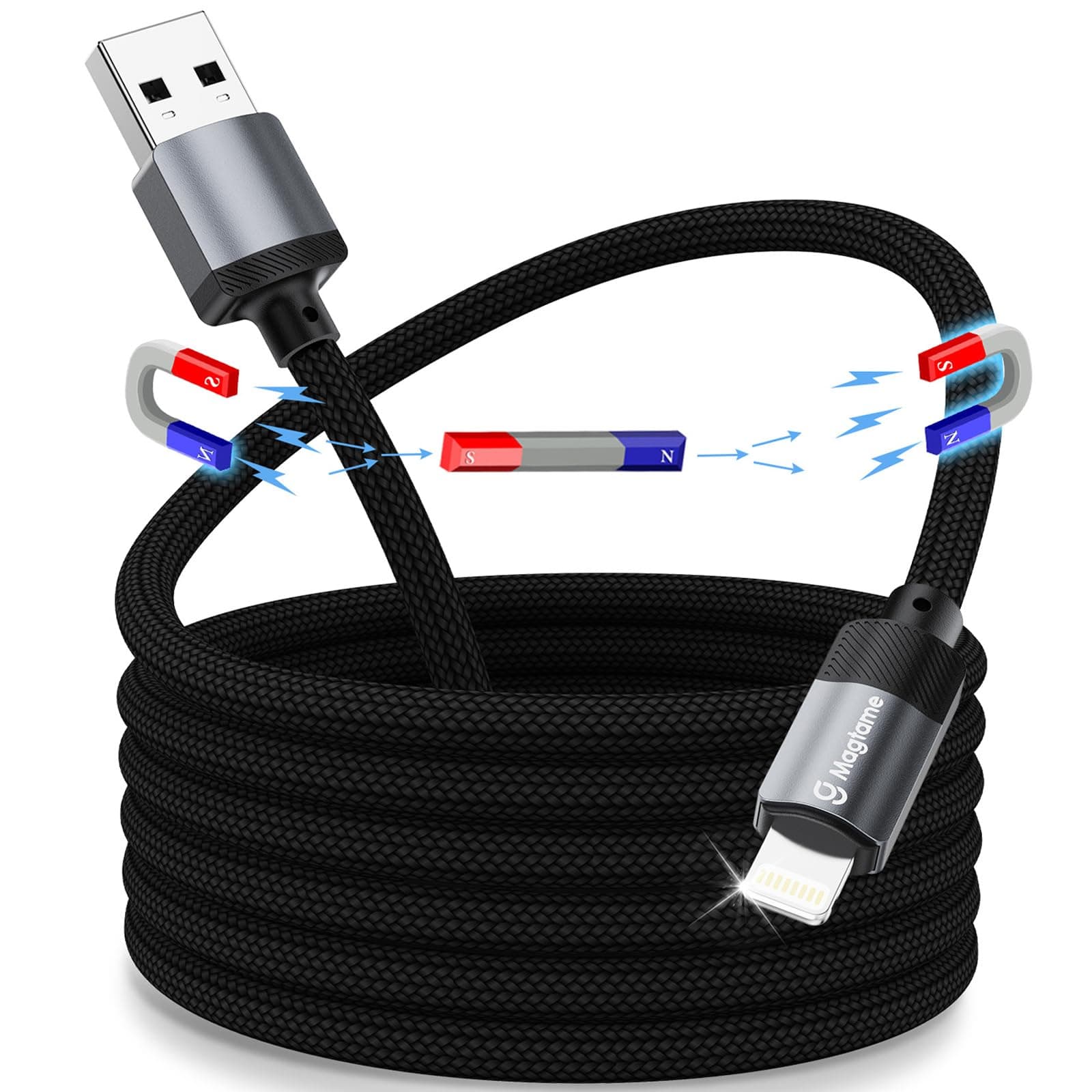 Magtame Coiled Magnetic iPhone Charger, 1M Lightning Cable for CarPlay, Braided USB A to Lightning Cord Self Winding - MFi Certified, iPhone 14/13/12/11 Pro