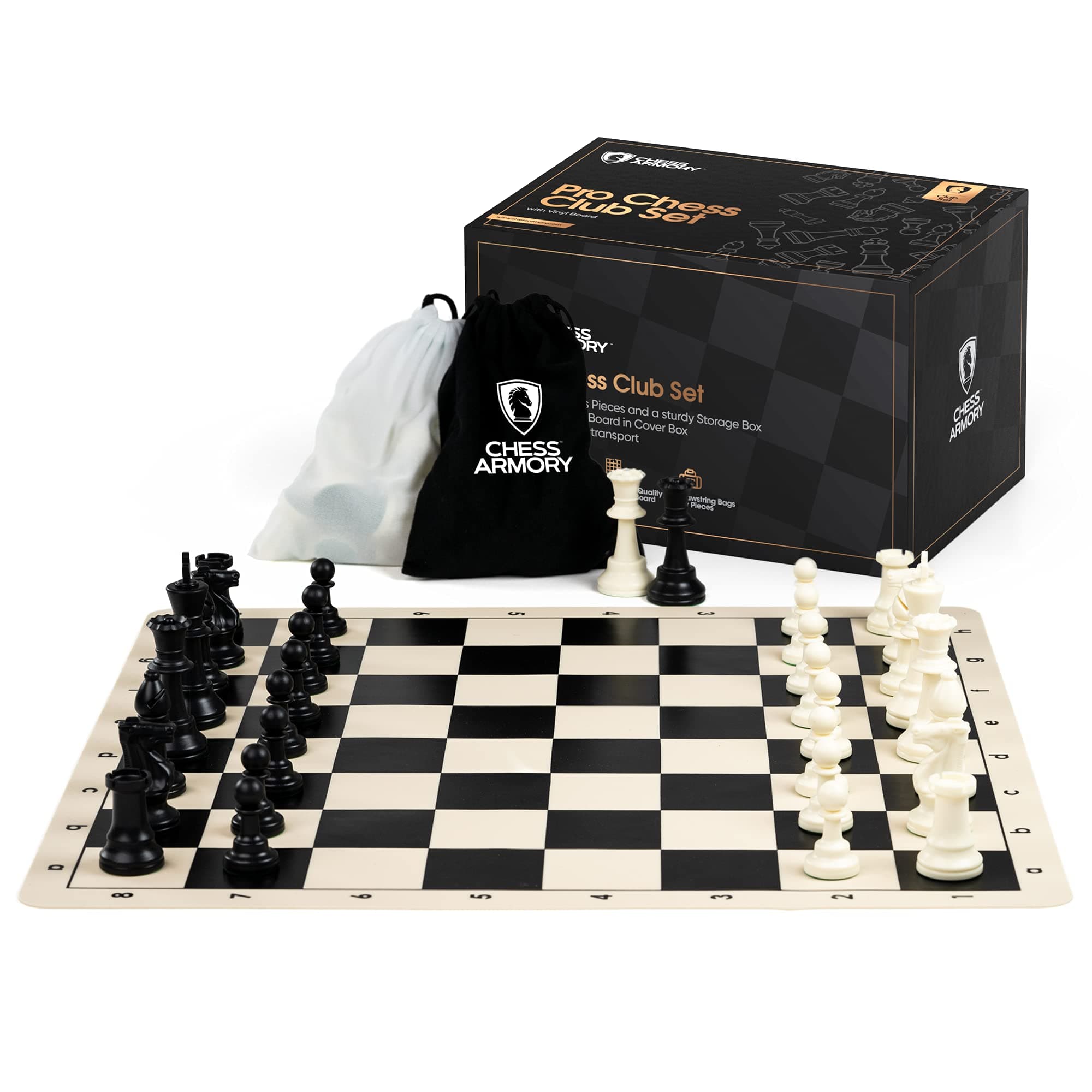 Chess Armory Deluxe Large Triple Weight Tournament Chess Set with Silicone 20" Chess Board - Felt Weight Chess Pieces, 2 Extra Queen, King 3.75"