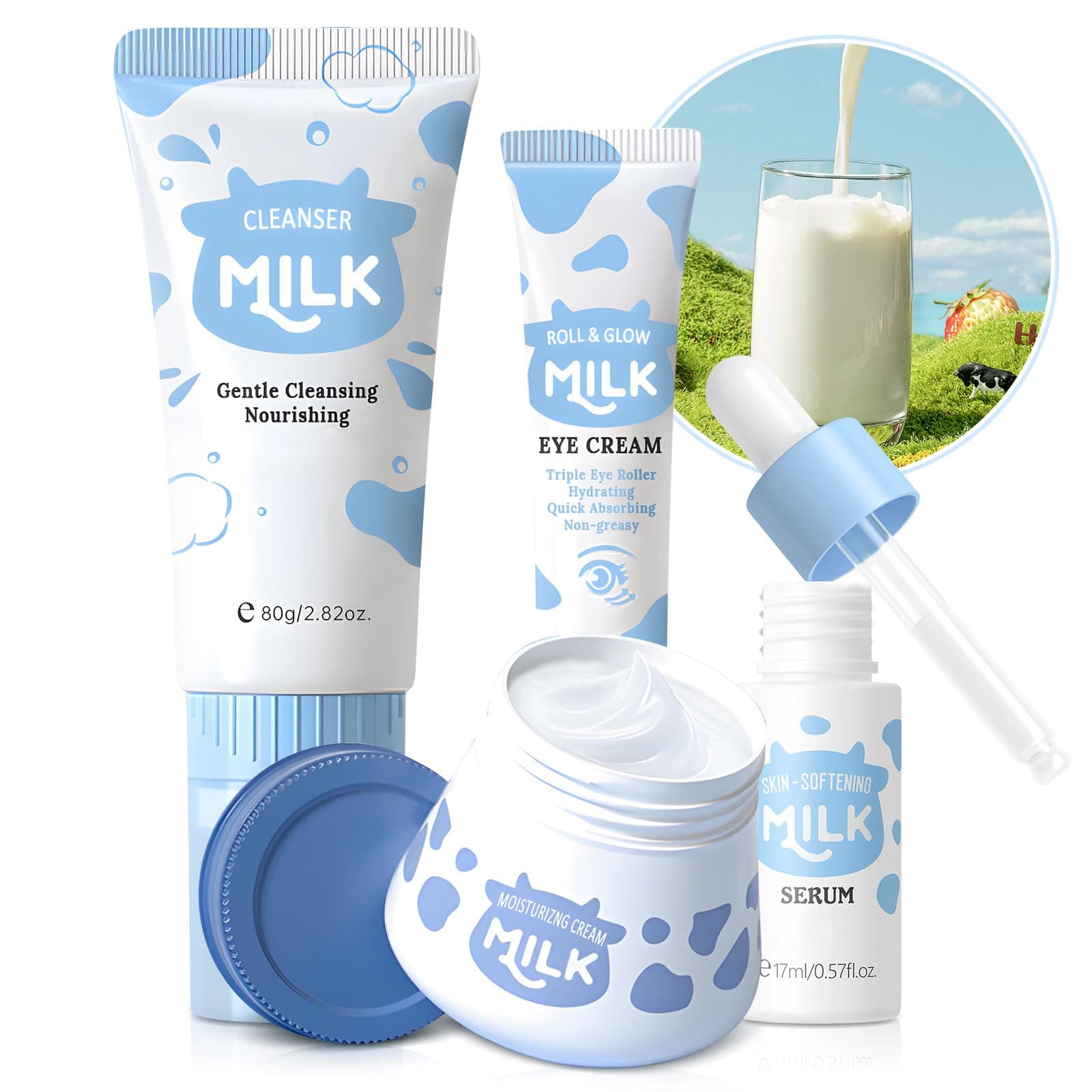 Milk Skin Care Routine Set For Girls, Teen Skin Care Gift Set With Cleanser, Serum, Cream, Eye Cream, Face Skincare Travel Kit For Kids Ages 8-12, Shrink Pores, Hydrating