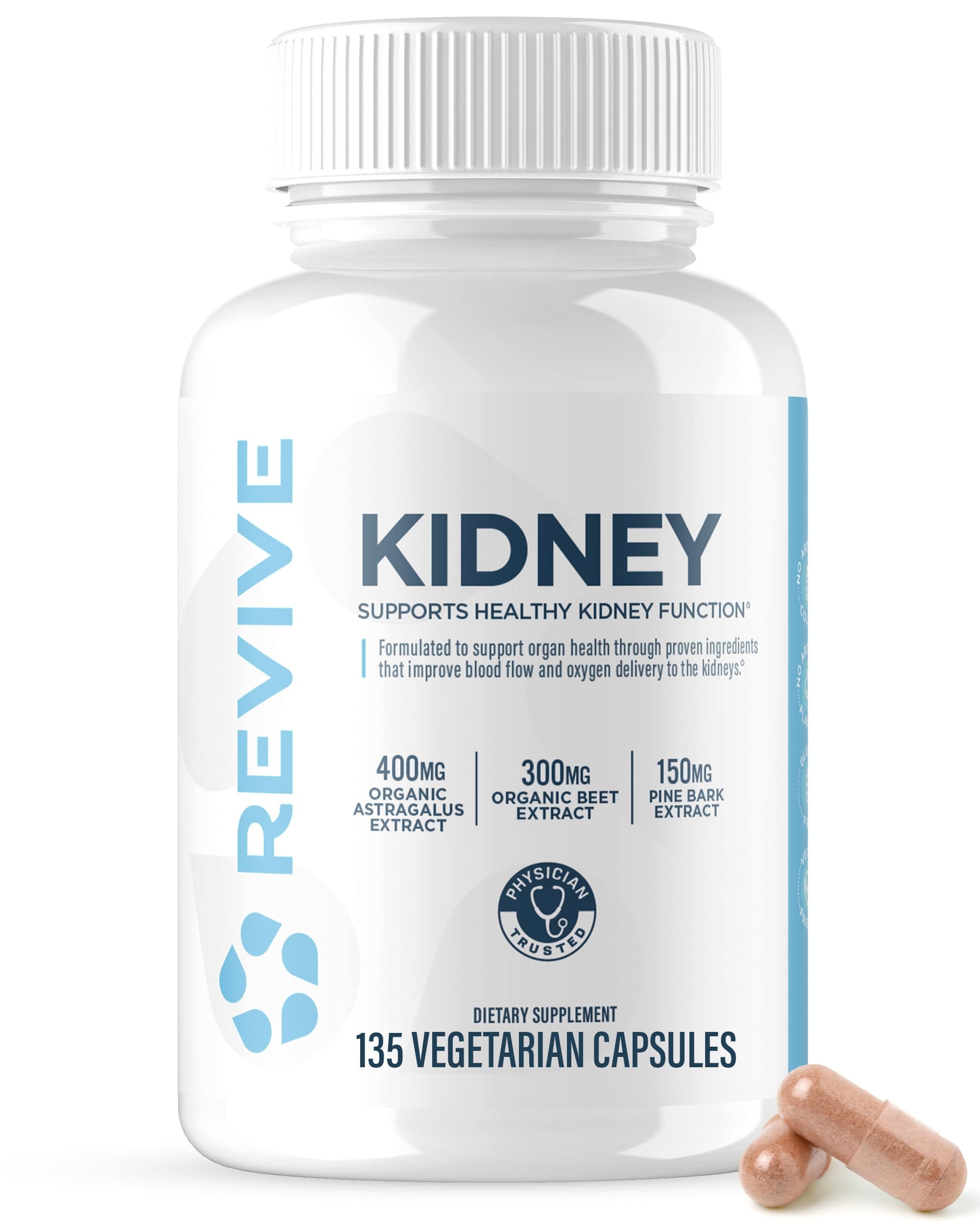 Revive MD Kidney Support Supplement for Men & Women – Kidney Cleanse & Detox Capsules for Overall Health & Function – Vegan-Friendly, Gluten-Free & Soy-Free (135 Vegetarian Capsules, 45 Servings)