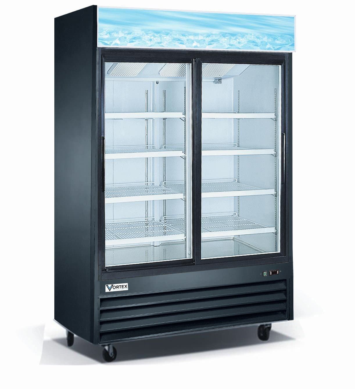 Commercial Grade Merchandiser Refrigerator by Vortex Refrigeration | 2 Sliding Doors | Fog Resistant Glass | 49 Cu. Ft. | 8 Adjustable Shelves | For Restaurants | 54.4" x 31.5" x 82.6" | Black