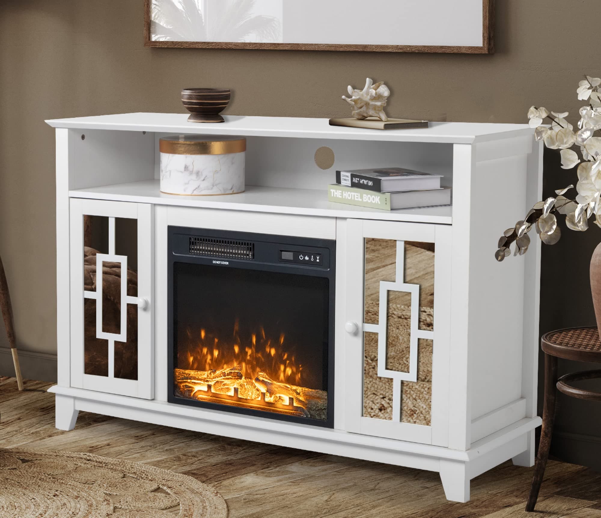 VINGLIMirrored Fireplace TV Stand, Farmhouse Modern Entertainment Center with Electric Fireplace & Mirror Doors for TVs Up to 60 Inch (White)