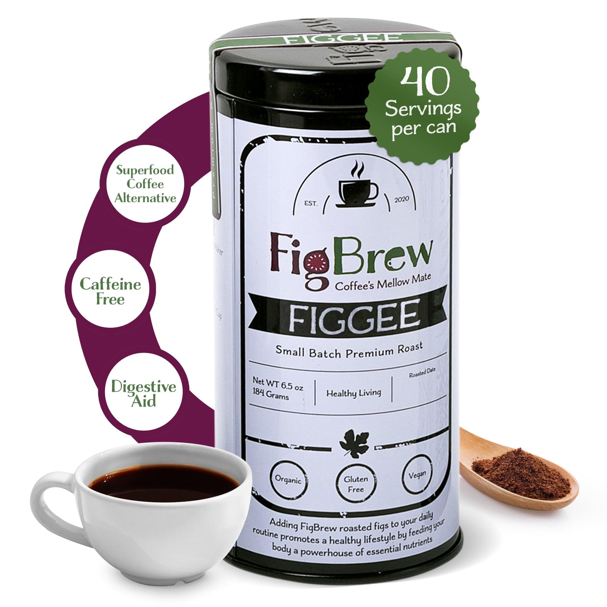 FigBrew Superfood Coffee Alternative – 40-servings – Digestion-Friendly – Caffeine Free – Organic & Gluten Free – 6.5oz Tin