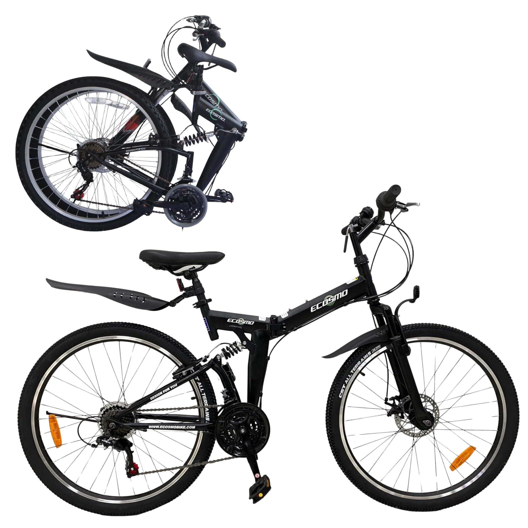ECOSMO 26 Inch Folding Mountain Bike -21 speed SHIMANO gear system, Dual Suspension,Front Disc Brake, Quick Release Mechanism, Hi-Ten Steel Frame, All Terrain Folding Bicycle (26SF02BL)