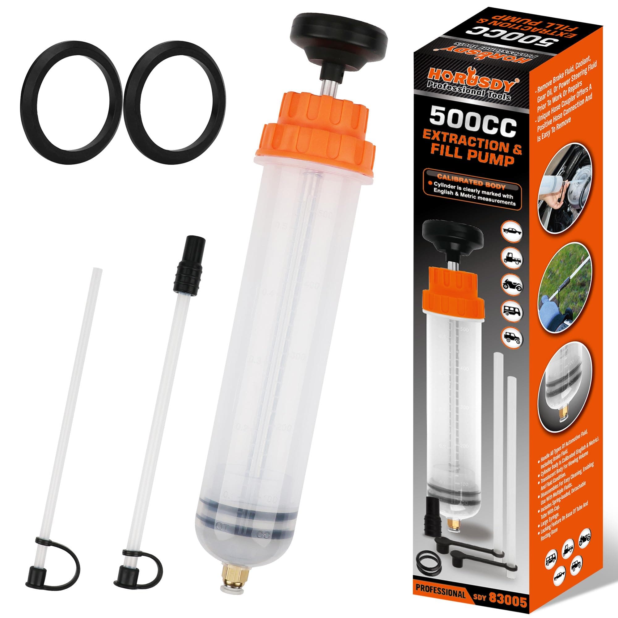 HORUSDY 500CC Fluid Extractor Automotive, Oil Extractor/Oil Syringe, Fluid Syringe Pump Manual Suction Vacuum Fuel Car Transfer