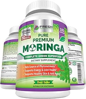 FRESH HEALTHCARE Moringa Capsules – 100% Pure Leaf Powder - 180 Pills, Non-GMO - 3 Month Supply - Complete Green Superfood for Energy, Skin, Immune & Gut Health Support