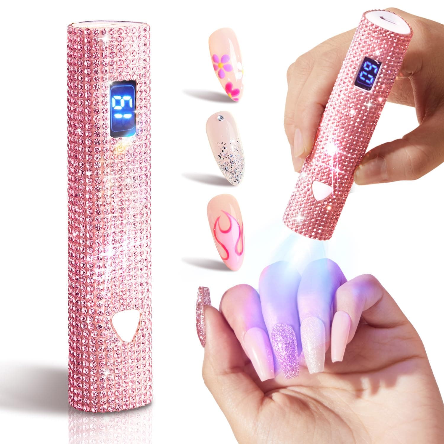MEFA - UV Gel Nail Light, Pink Glitter Handheld UV Nail Lamp, Visible Timer, Touch Screen LED Lamp, Wireless Nail Lamp for Gel Nail Polish