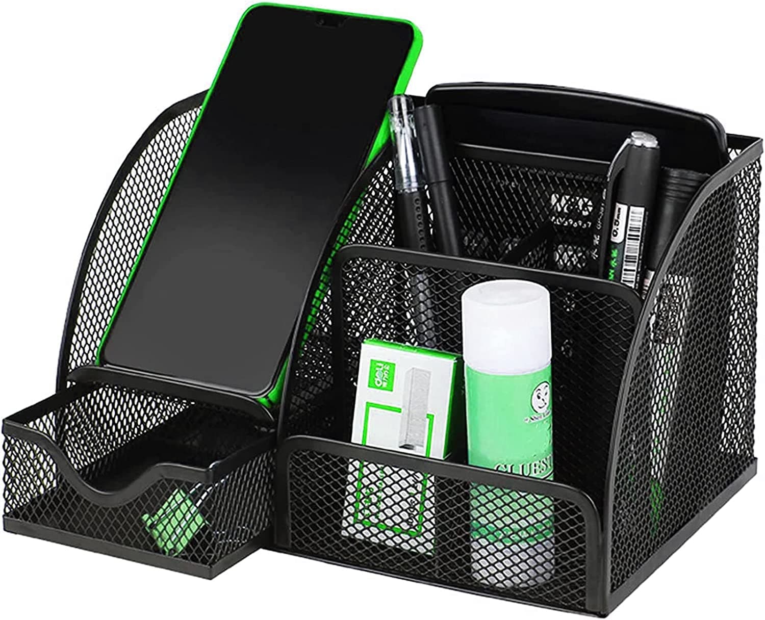 Desk Organiser, Black Metal Mesh Pen Holder & Stationery Storage, Multi-Use Desktop Tidy with Drawer for Office, Home & School, Desk Accessories & Office Supplies, Pen Pot Stationary Organiser