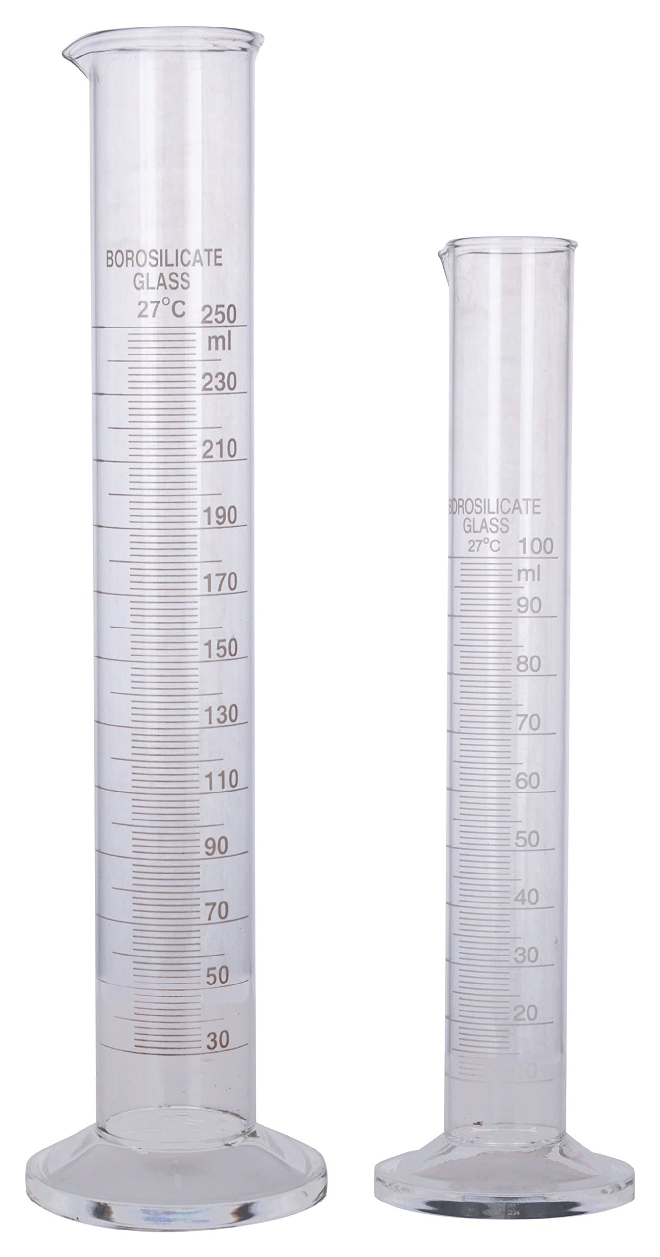 Measuring Cylinder 100ml & 250ml [Combo of 2] of heavy Borosilicate Glass with marking.