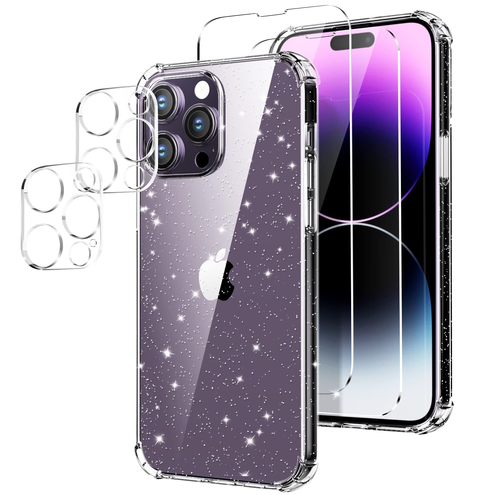 Oududianzi-Case Compatible with iPhone 14 Pro Glitter, [2x Tempered Glass Screen Protector+2x Camera Protector] Crystal Clear Transparent Case Ultra-thin Shockproof Silicone TPU Protective Cover
