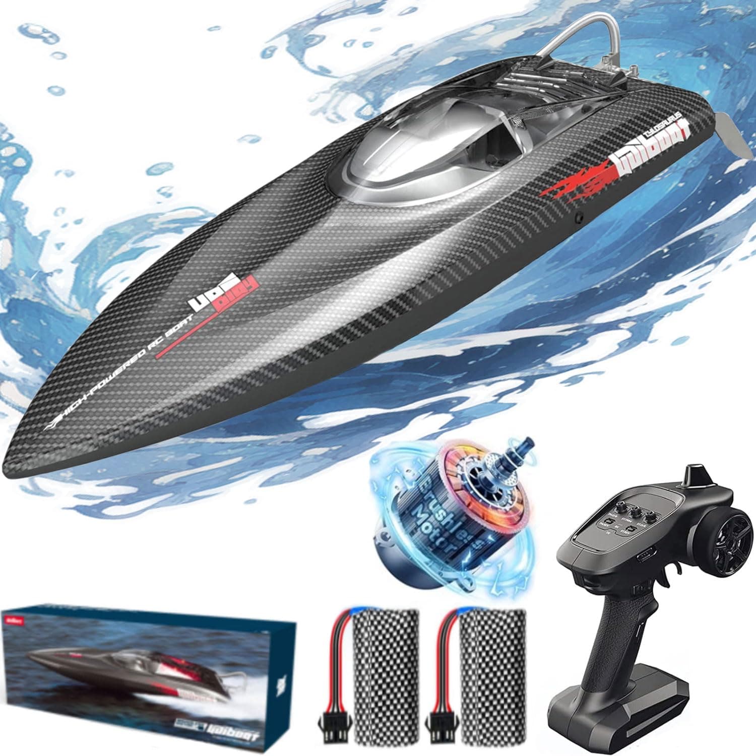 50+KPH High Speed Brushless RC Boat 25 Inch Large Size Hull 2.4GHz RC Boat for Pools, Lakes and Rivers with 2 Batteries, LED Light, Low Battery Alarm