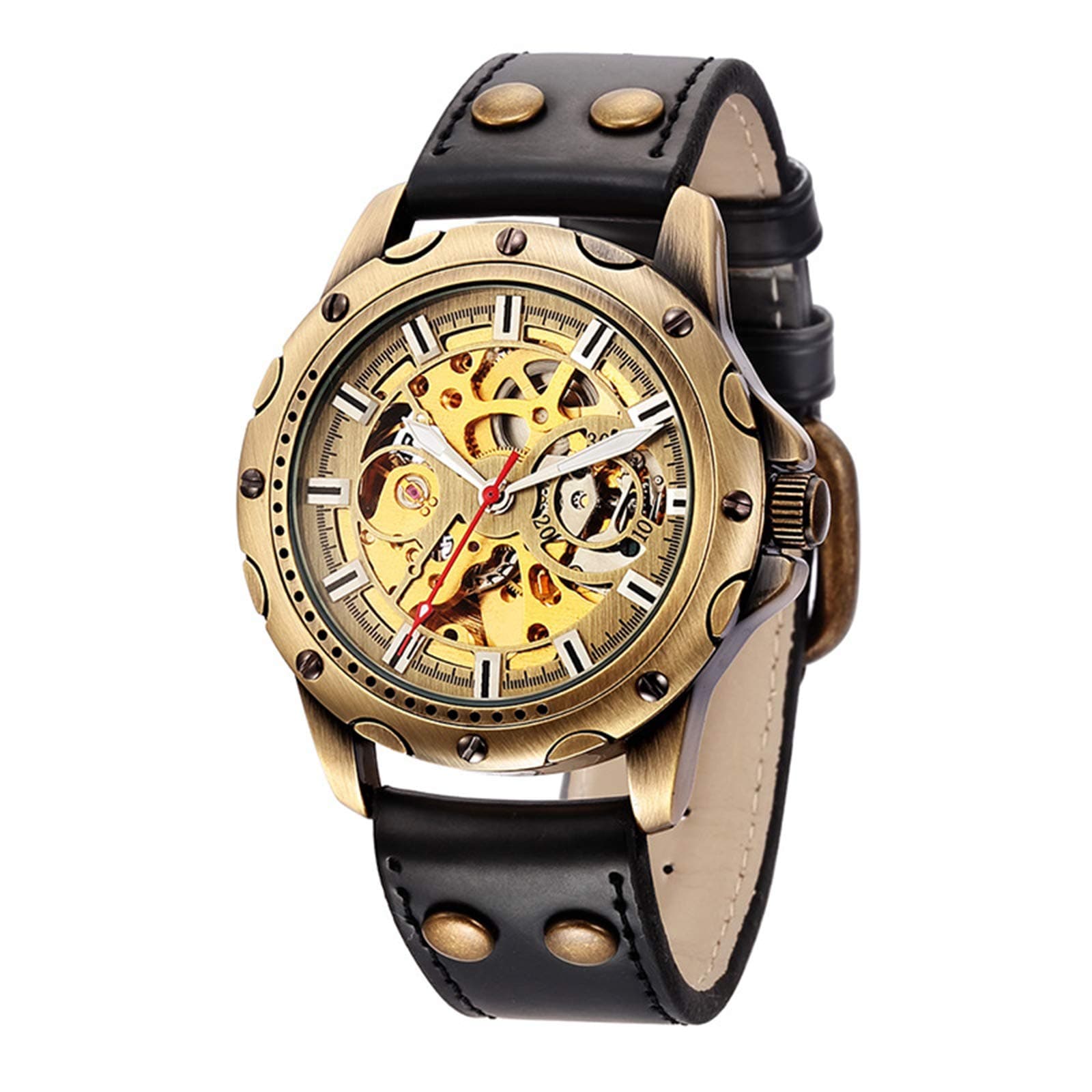 EASTPOLE Vintage Bronze Case Automatic Mechanical Skeleton Leather Band Mens Sport Wrist Watch Gift Box WMB078