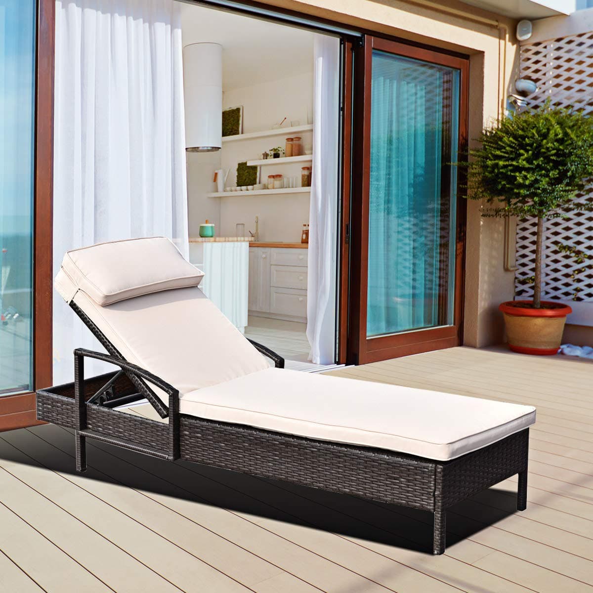 Tangkula Patio Chaise Lounge, Outdoor Reclining Wicker Rattan Chaise, Beach Pool Yard Porch Adjustable Backrest Lounger Chair