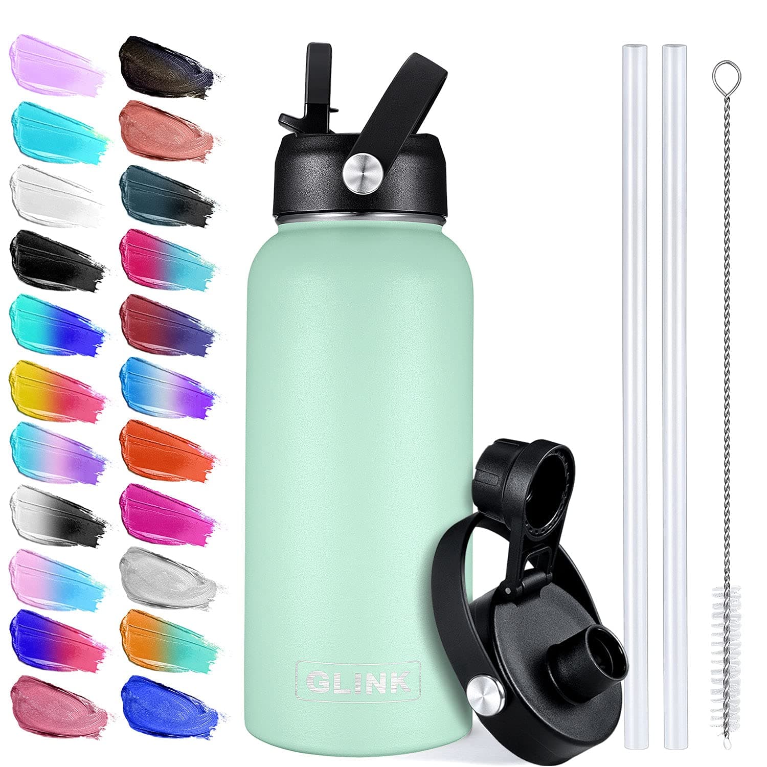 Glink Stainless Steel Water Bottle with Straw, 12-64 oz Wide Mouth Double Wall Vacuum Insulated Water Bottle Leakproof, Straw Lid and Spout Lid with New Rotating Rubber Handle