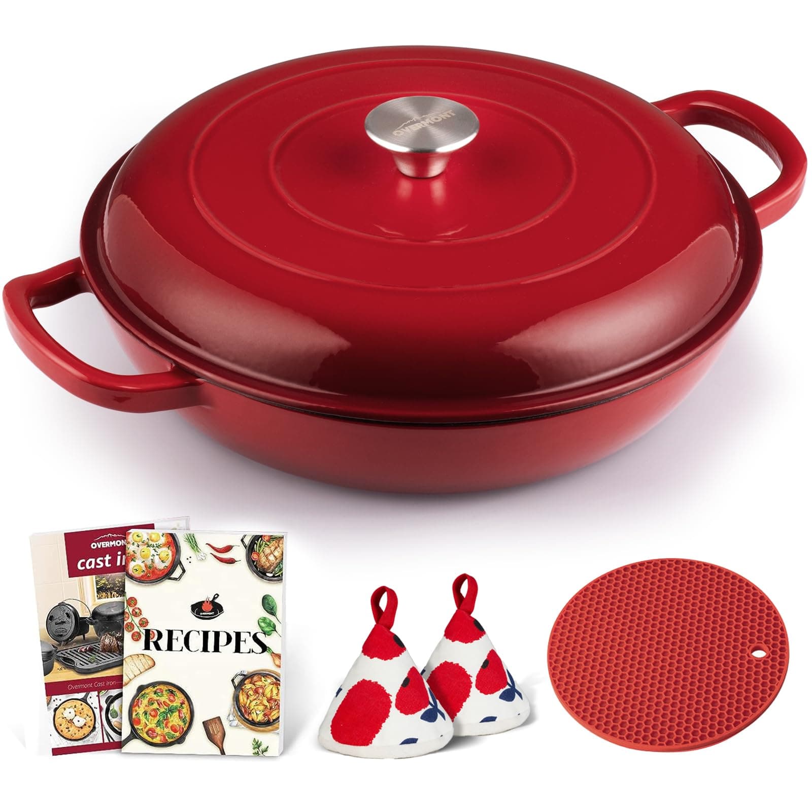 Overmont Red Shallow Cast Iron Casserole With Lid Cookbook & Cotton Potholders – Non Stick Dutch Oven Pot, Oven Safe up to 500° F – Cookware – Enamelled Cooking Pot – 30cm