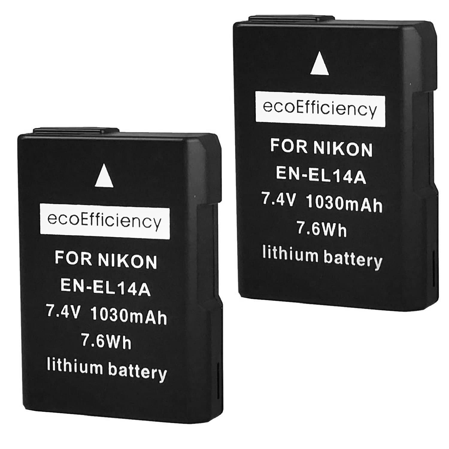 ecoEfficiency 2 Pack of Fully Decoded EN-EL14, EN-EL14A Batteries for Nikon D3400, D3500 Digital SLR Camera