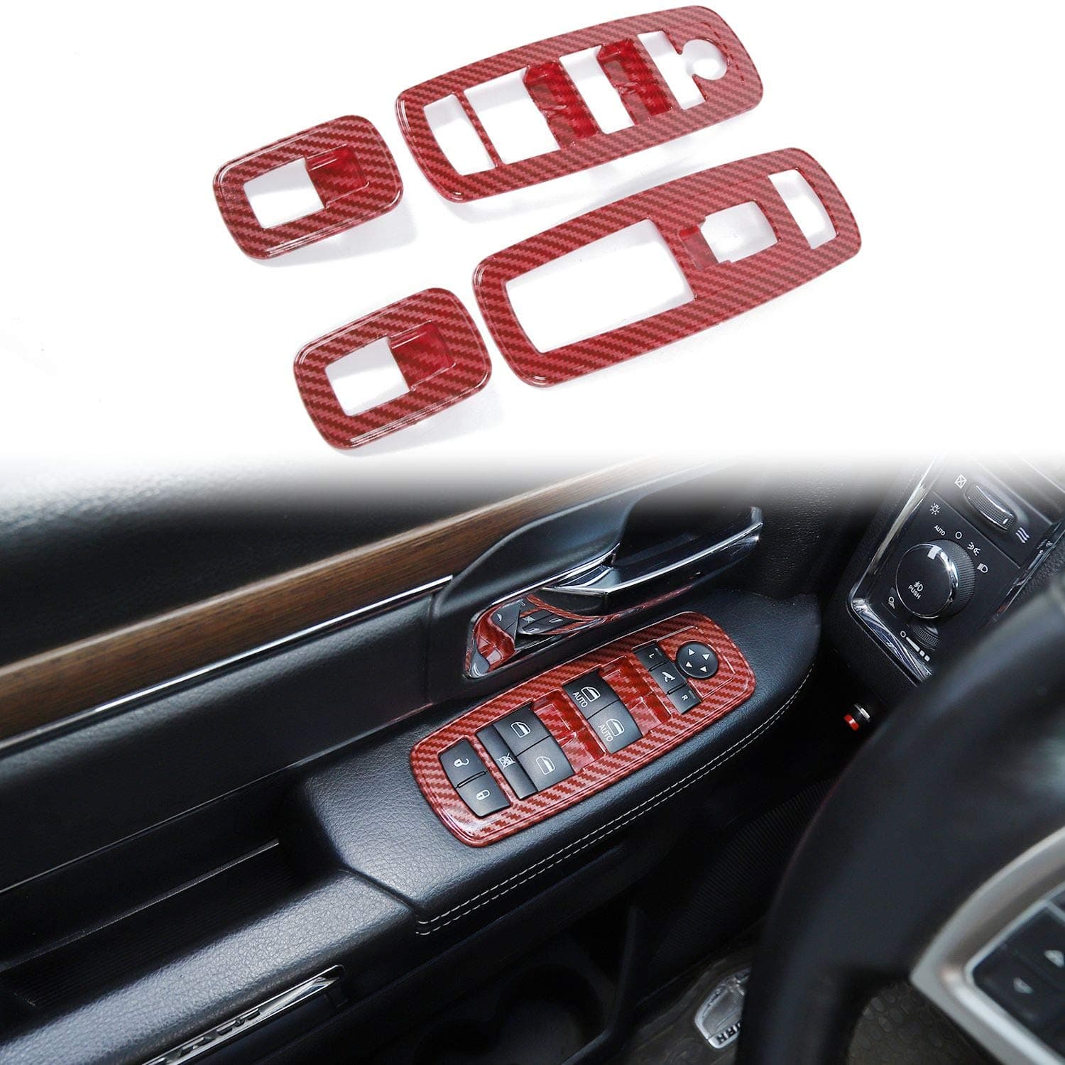 Voodonala Window Lift Switch Trim for 2011-2019 Dodge Charger Durango, for 2010-2017 RAM, ABS Red Carbon Fiber 4pcs