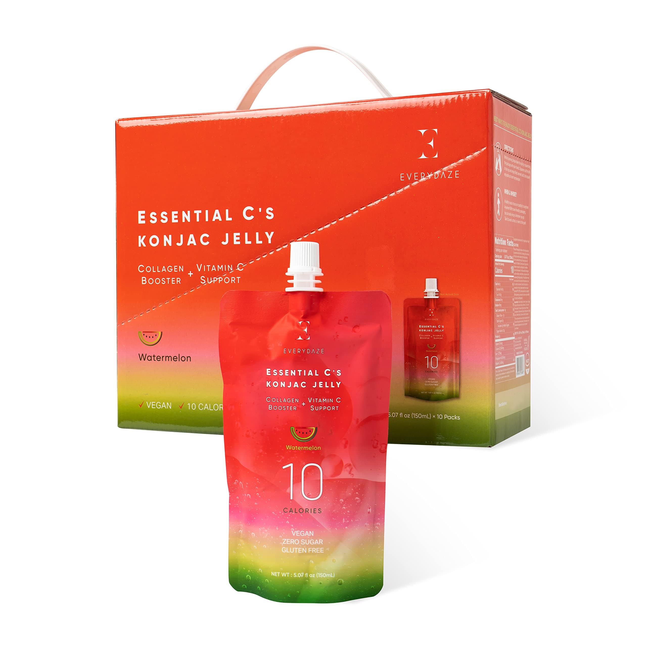 EVERYDAZE Essential C’s Konjac Jelly | Watermelon | Vegan Collagen Peptides and Vitamin C | Gluten Free, Sugar Free, Low Calorie | Healthy Drinkable Fruit Snack | 10 Pack Box Food Drink Pouch