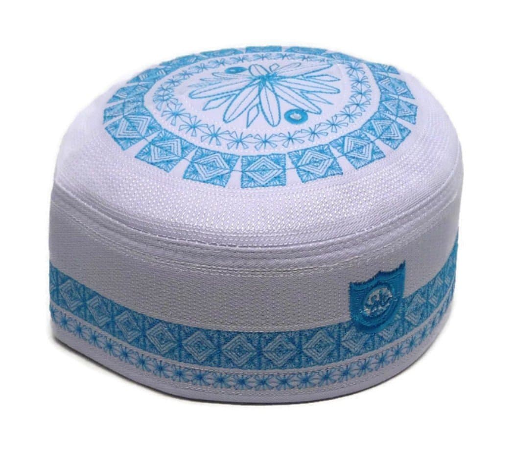 Alwee ALW009 Muslim Kufi Hat Prayer Cap Headware Islamic Skull Cap Ramadan Eid Gift (23.5 inch (Men), White/Blue)