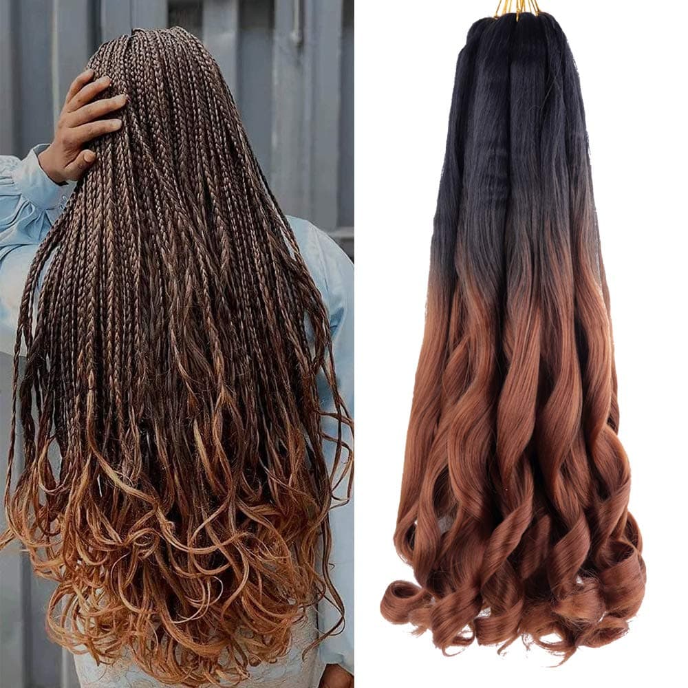 French Curly Braiding Hair Loose Wavy 7 Packs Bouncy Braid Hair Extensions Synthetic Pre Stretched French Curl Crochet Hair Extensions 75g/Pack (22 inch （7 pack）, BLACK/BROWN)