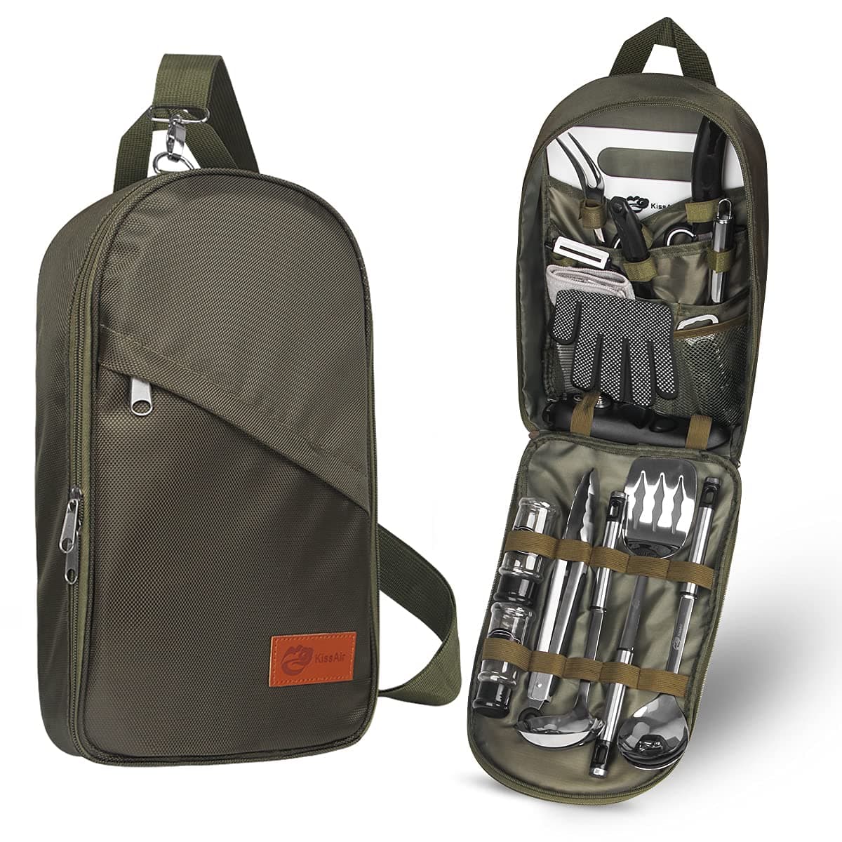 Portable Camp Kitchen Utensil Organizer Set BBQ Camping Cookware Utensils Travel Kit with Flatware|Water Resistant Case|Cutting Board|Rice Paddle|Tongs|Scissors (Army Green【Upgrade Version】)