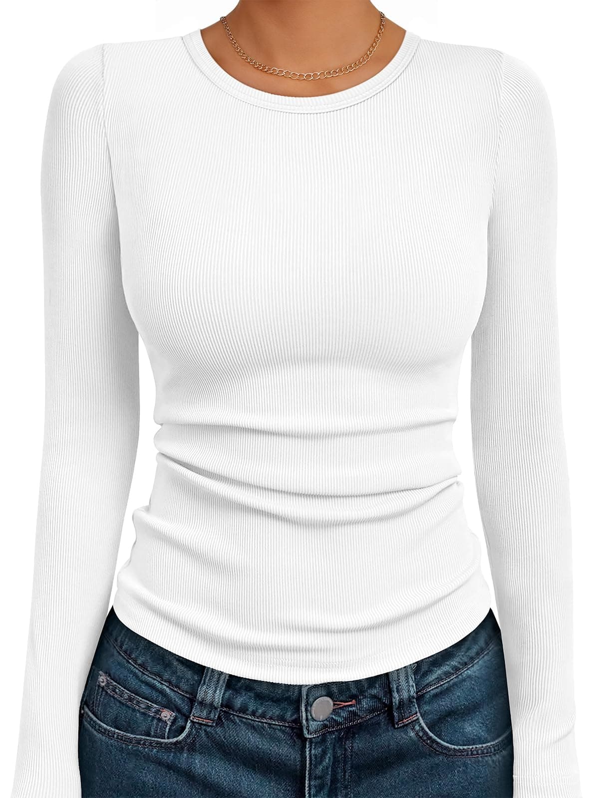 Women's Ribbed Long Sleeve Basic Top - Soft Stretch Crewneck Shirt for Work & Casual