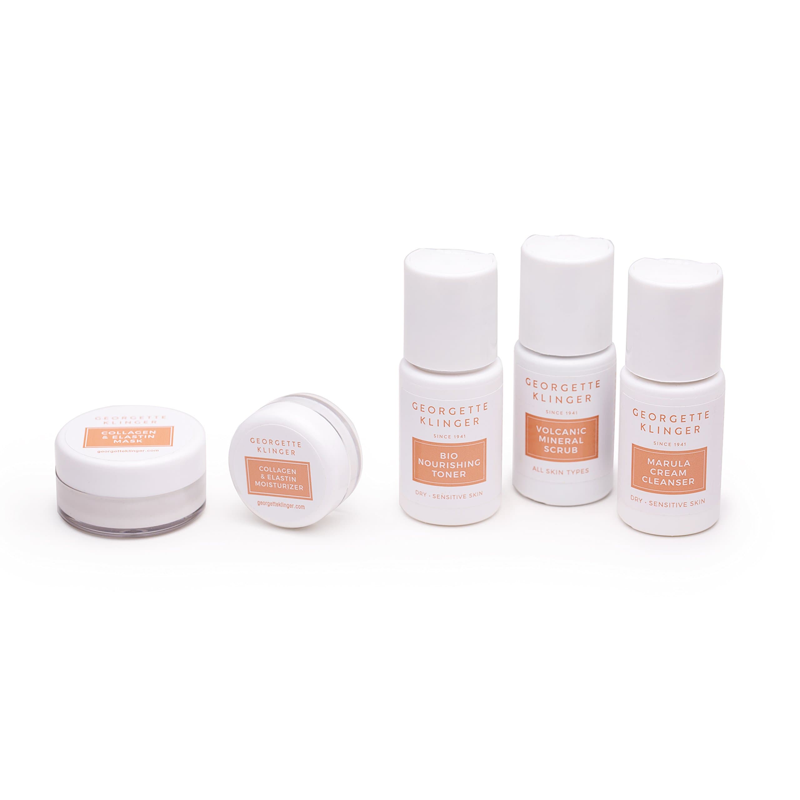 Georgette Klinger 5 PC Skincare Sample Kit – Sets Include Scrub, Cleanser, Toner, Mask & Moisturizer – Choose Dry/Sensitive or Combination/Oily Facial Products