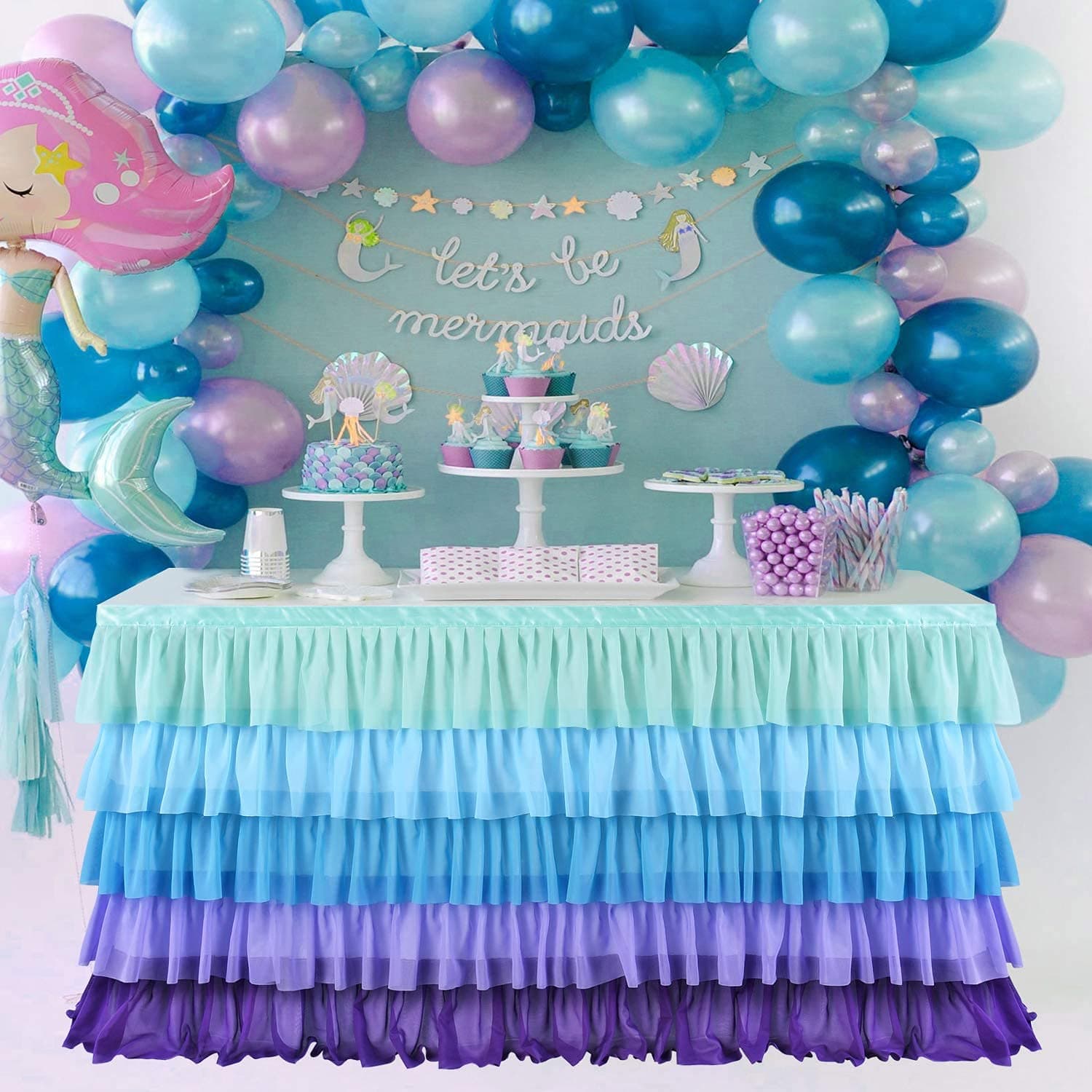Mermaid Tablecloth Tutu Table Skirt Mermaid Party Table Cloth for Rectangle Tables for Birthday Party Baby Shower Gender Reveal Under the Sea Party Decorations 6ft
