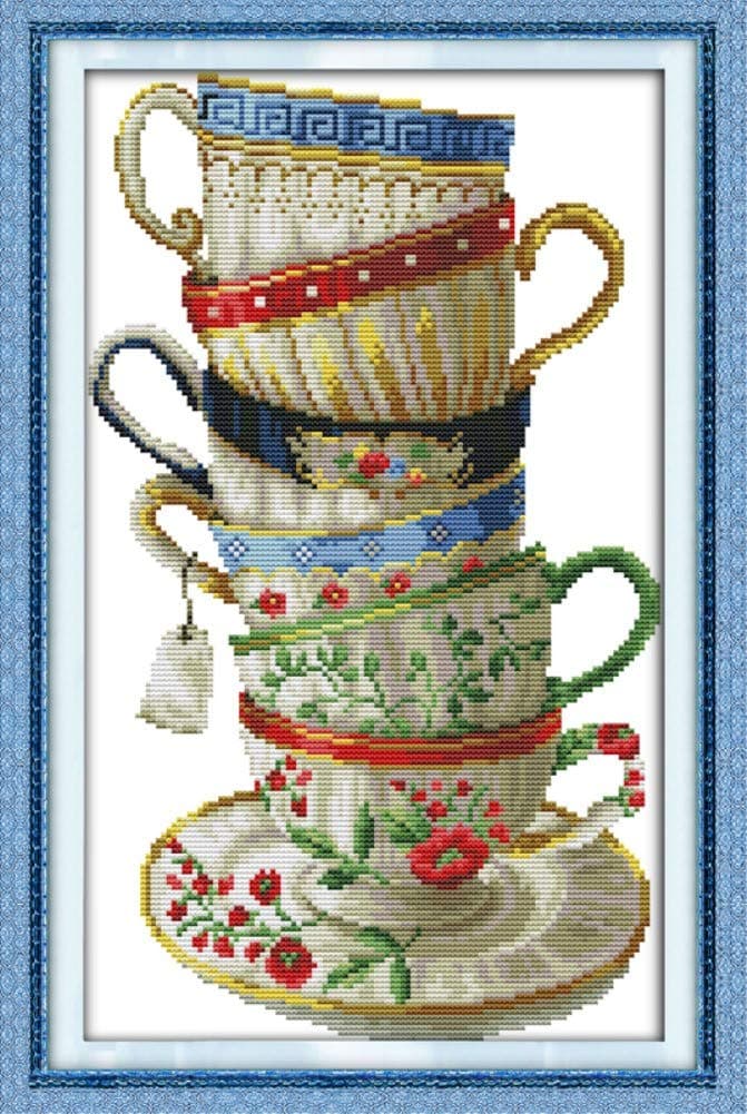 Stamped Cross Stitch Kit DIY Embroidery Starter Kit Full Range of Cross Stitch Home Decoration Embroidery Kit 11CT 3 Strands (Elegant Coffee Cup)