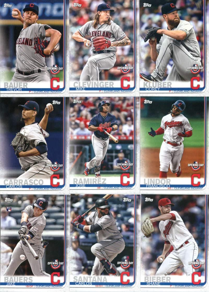 2019 Topps Opening Day Baseball Cleveland Indians Team Set of 9 Cards: Trevor Bauer(#36), Mike Clevinger(#50), Corey Kluber(#52), Carlos Carrasco(#72), Jose Ramirez(#77), Francisco Lindor(#84), Shane Bieber(#104), Carlos Santana(#147), Jake Bauers(#177)