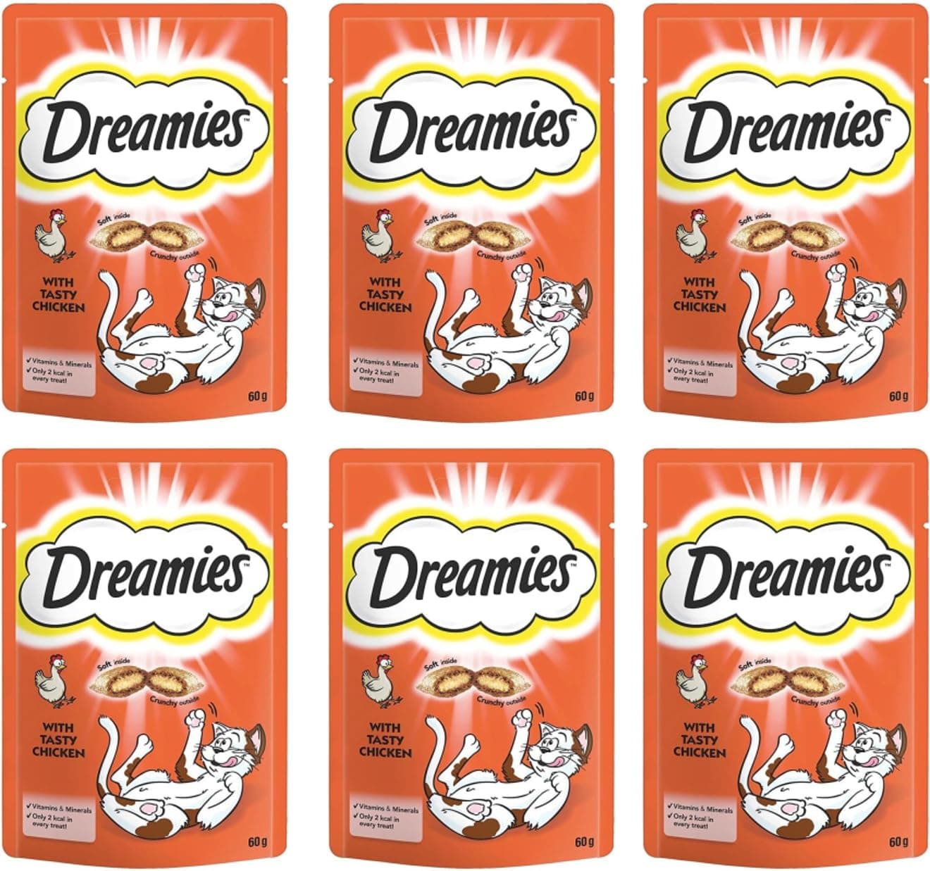 Dreamies Cat Treats with Tasty Chicken, 60g Cat Treats, Crunchy on the Outside, Soft on the Inside Chicken Cat Treat - Pack of 6