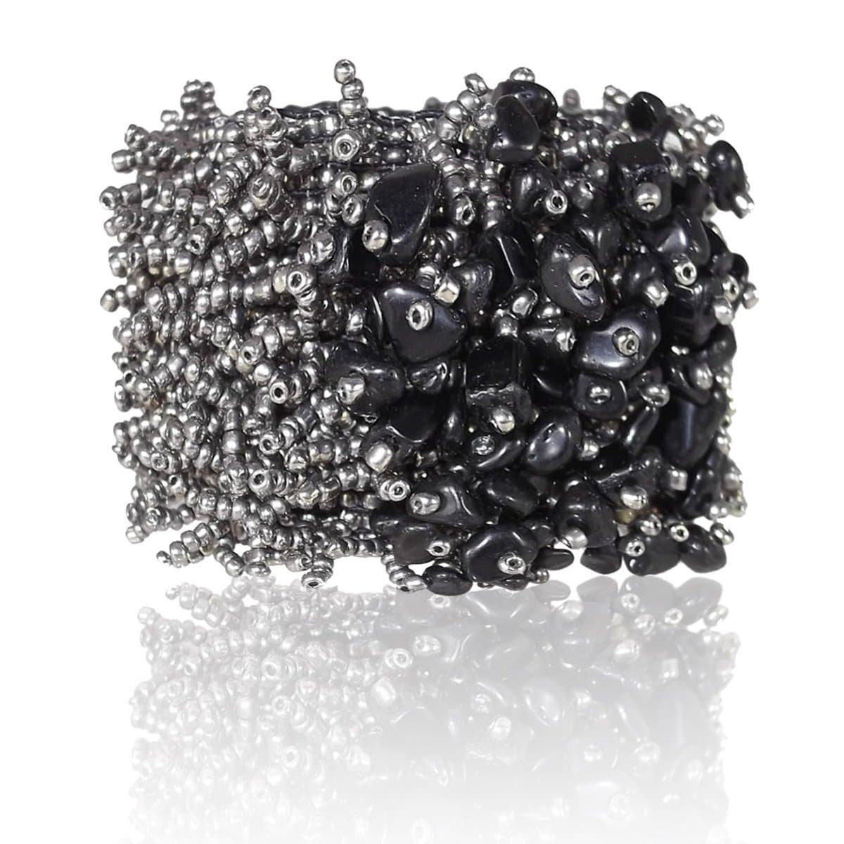 Stacked Bracelet - Silver Beads with Black Shells - elastic 7 inches - Rio Collection
