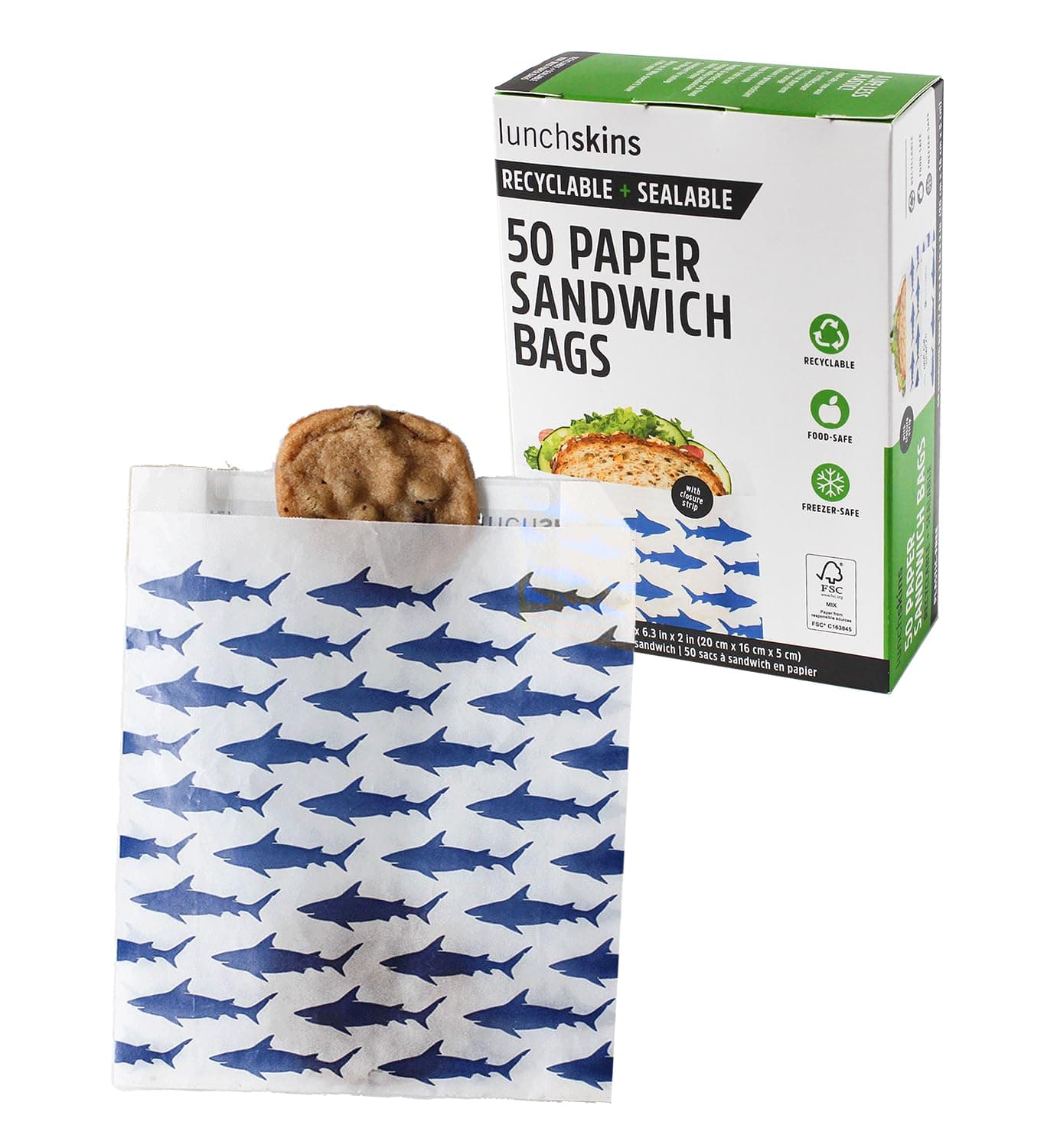 Recyclable & Sealable Food Storage Sandwich Bags, Shark Design, 50 Bags - Eco-Friendly, Made Without PFAS and BPA