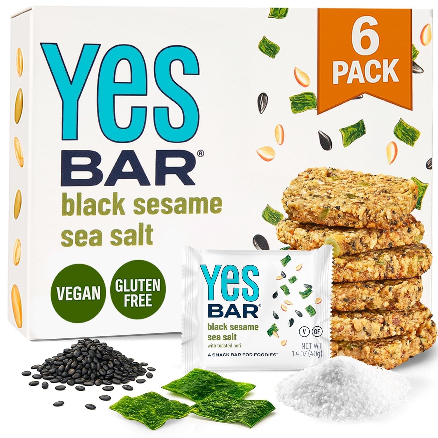YES Nut Bars - Black Sesame Sea Salt - Soft Chewy Healthy Snack Bars Made with Organic Maple Syrup – Vegan, Paleo, Gluten Free, No Refined Sugar, Dairy Free, Plant Based Protein, Low Sugar - 6 Count