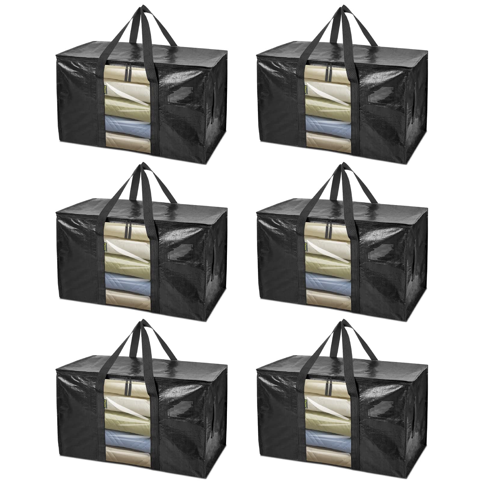 BALEINEBALEINE 6-Pack Oversized Moving Bags with Reinforced Handles, Heavy-Duty Storage Tote Moving Supplies for Packaging, Camping (Black w/Window, 6-Pack)