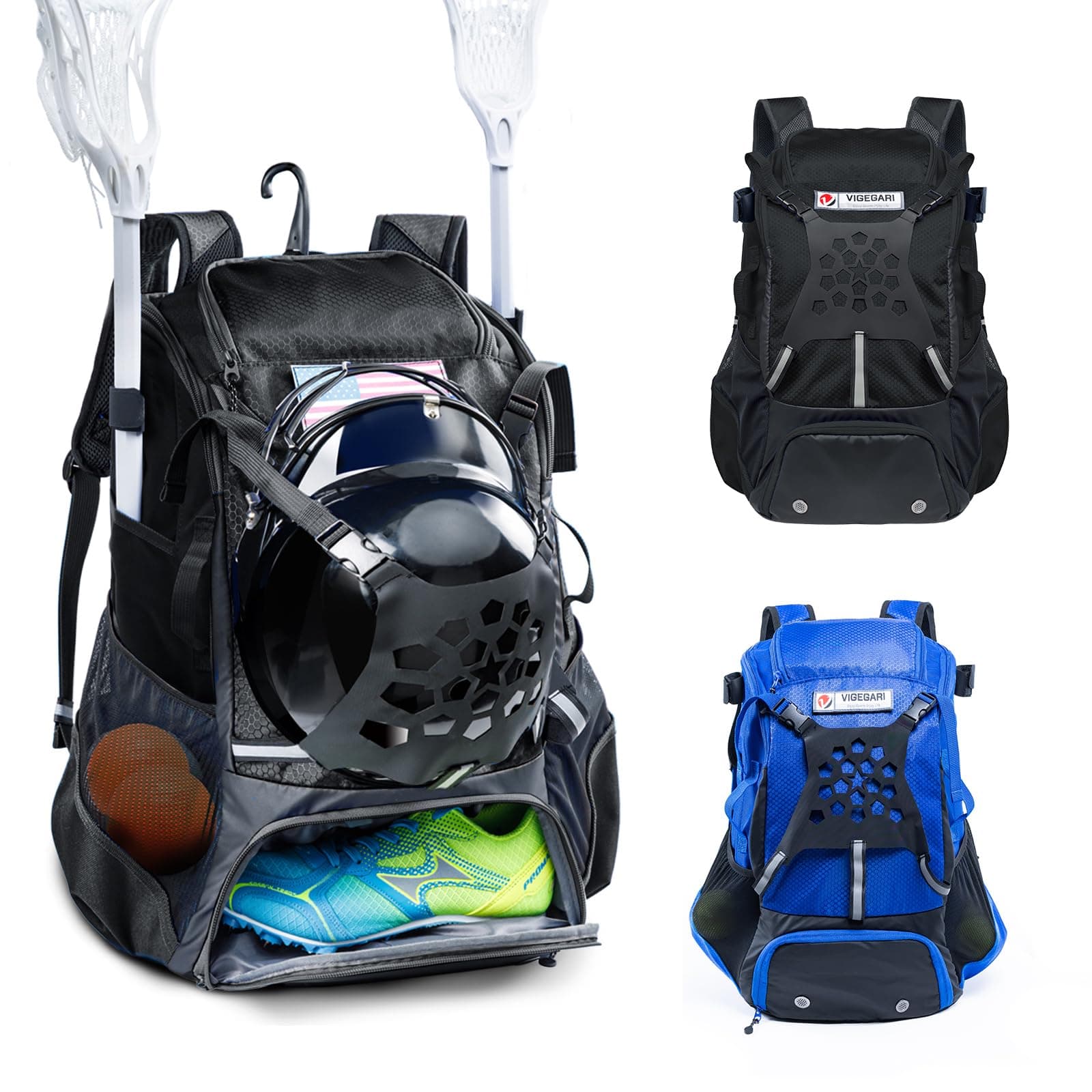VIGEGAR Lacrosse Bag with Stick & Helmet Holders, Separate Shoe Space (US Mens 13), Pockets for Lacrosse Gear & Accessories