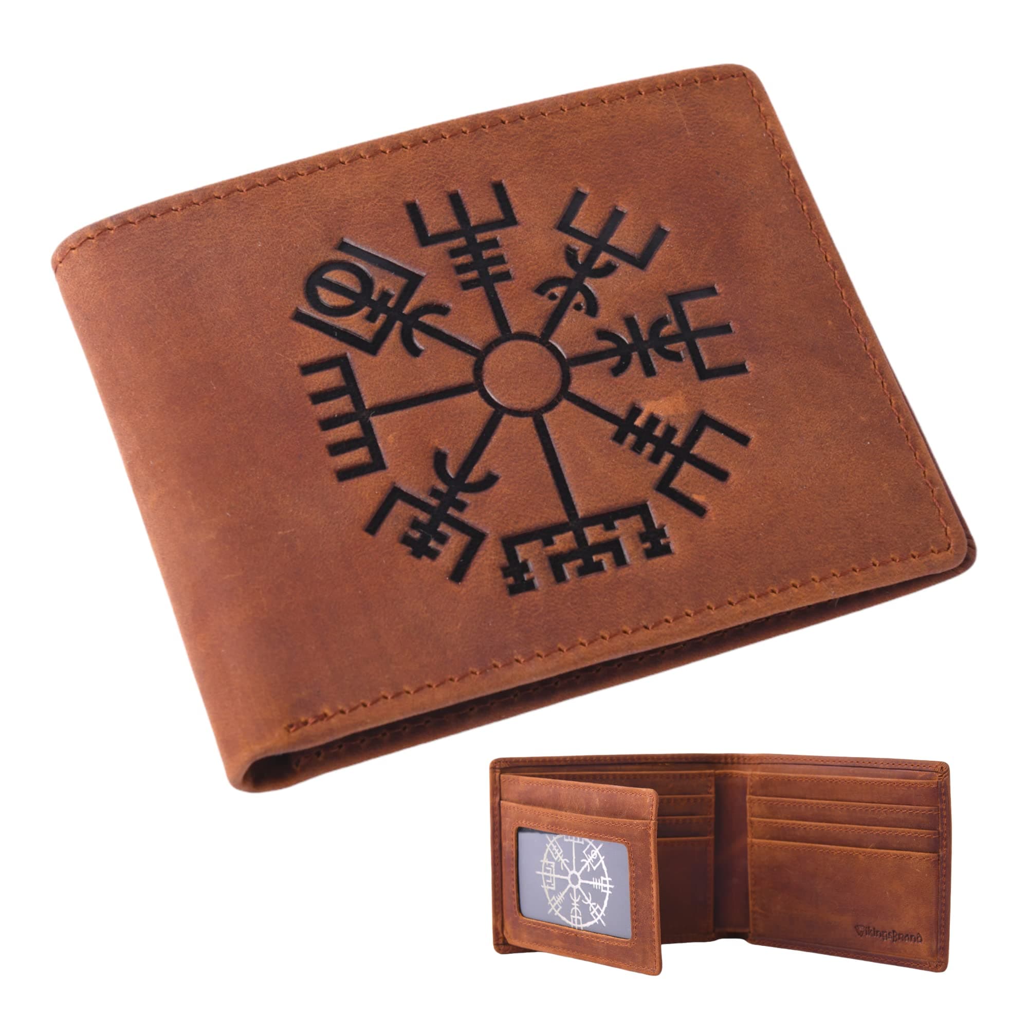 VikingsBrandGenuine Crazy Horse Leather Wallet – Viking Vegvisir Engraved Black Bifold Wallet – RFID Blocking Runic Compass Signpost Design Leather Wallet for Protection, Fits Up to 10 Cards (Vegvisir Brown)
