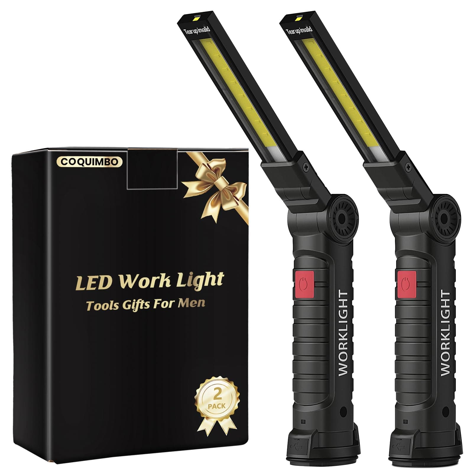 Coquimbo Work Light Gifts for Men Him Dad Boyfriend Husband, LED Torch Rechargeable Inspection Lamp Magnetic Emergency BBQ Light, Mens Gadgets (2 Pack, Black)