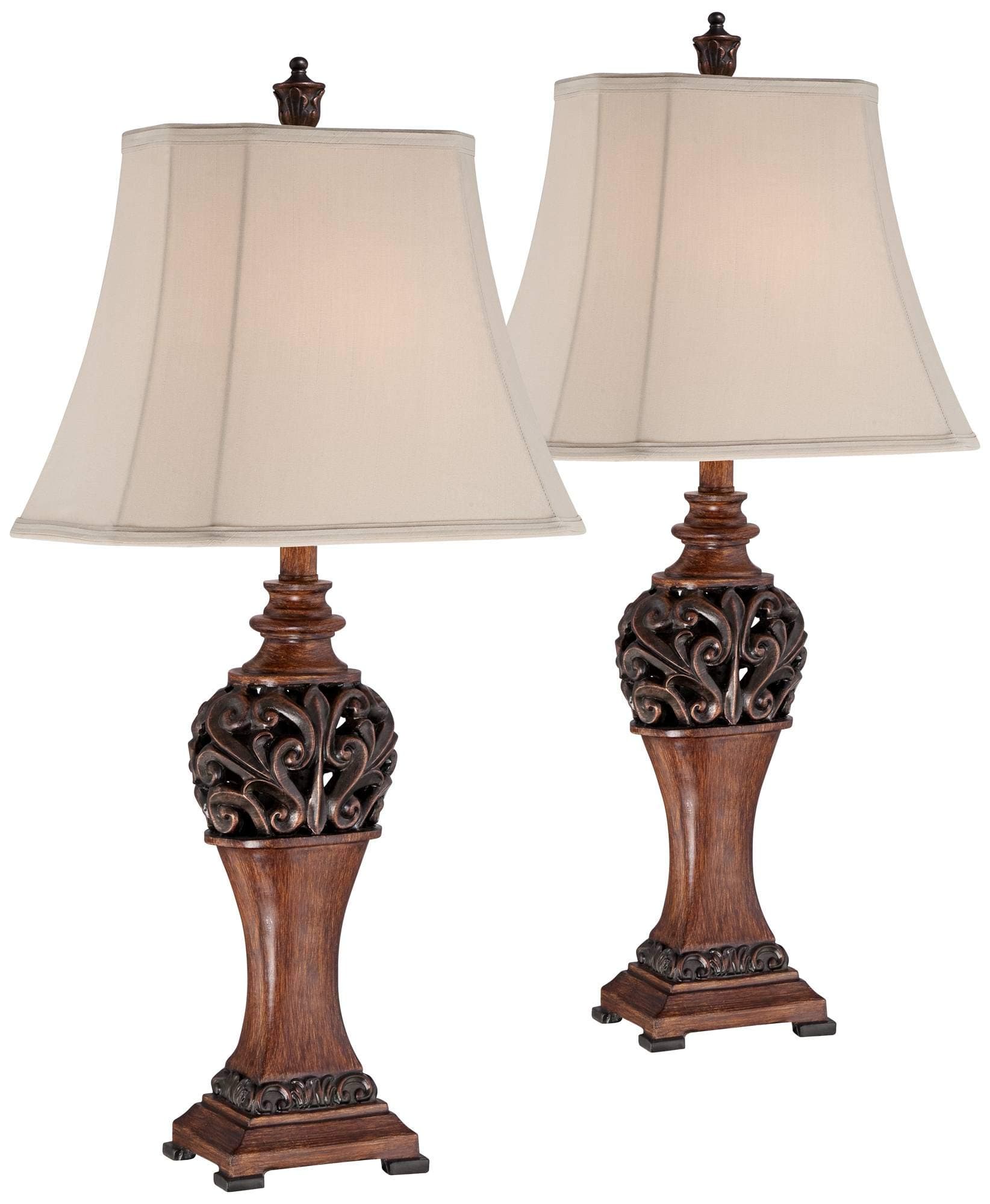 Exeter Traditional Style Table Lamps 30" Tall Full Size Set of 2 Bronze Wood Carved Leaf Creme Rectangular Bell Shade Cottage Core Decor for Living Room Bedroom House Bedside Nightstand