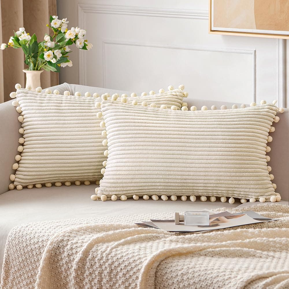 ANRODUO Pack of 2 Cream White Fall Boho Decorative Pillow Covers with Pom-poms 12x20 Pillow Cover Corduroy Cushion Case Cute and Soft Rectangle Throw Pillows for Bed Couch Sofa Living Room Decor