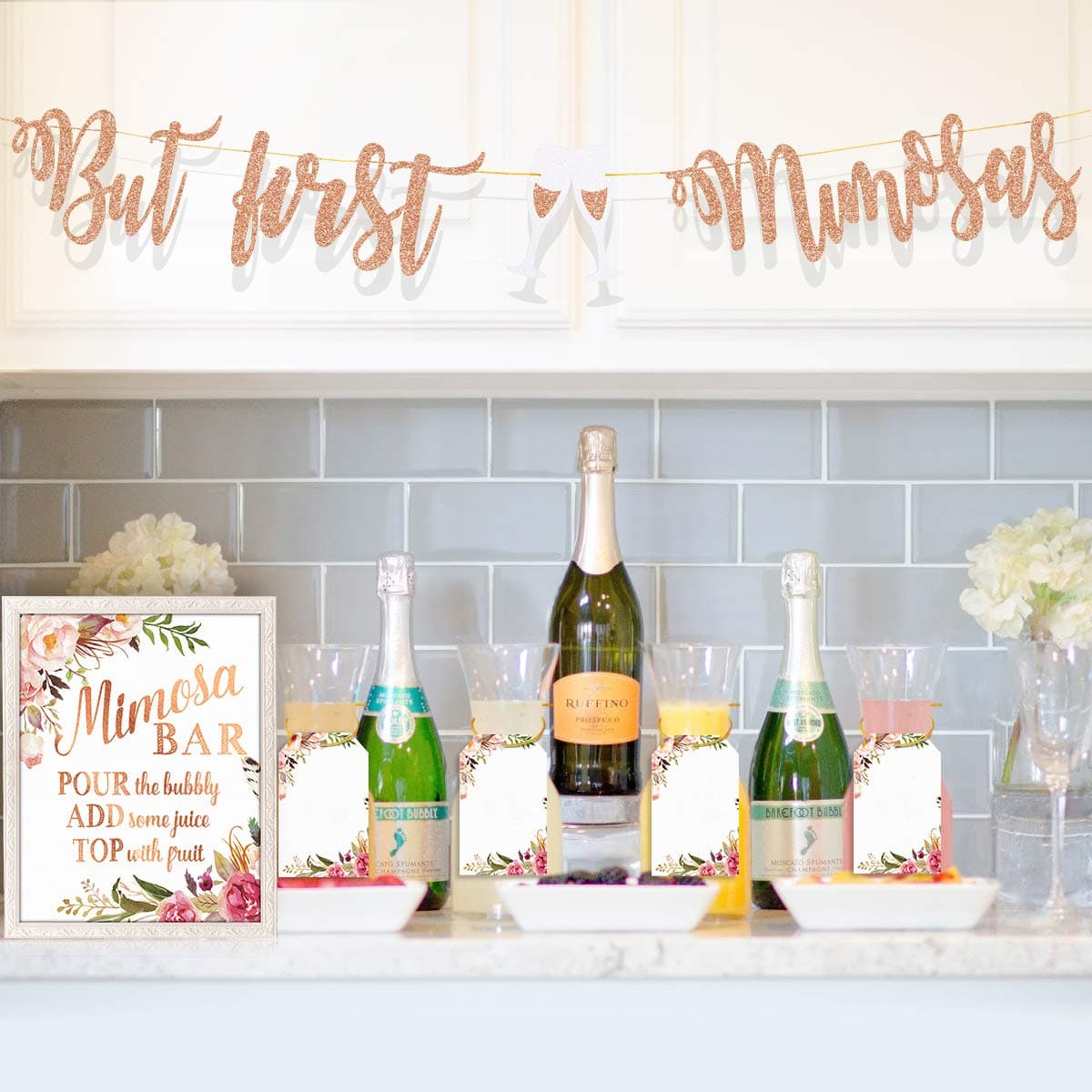 Mimosa Bar Supplies - Rose Gold Sign Banner Tags Kit- Bridal Shower Decorations - Decor for Baby Shower Champagne Brunch Bubbly Bar Wedding Engagement Birthday Party Graduation Fiesta